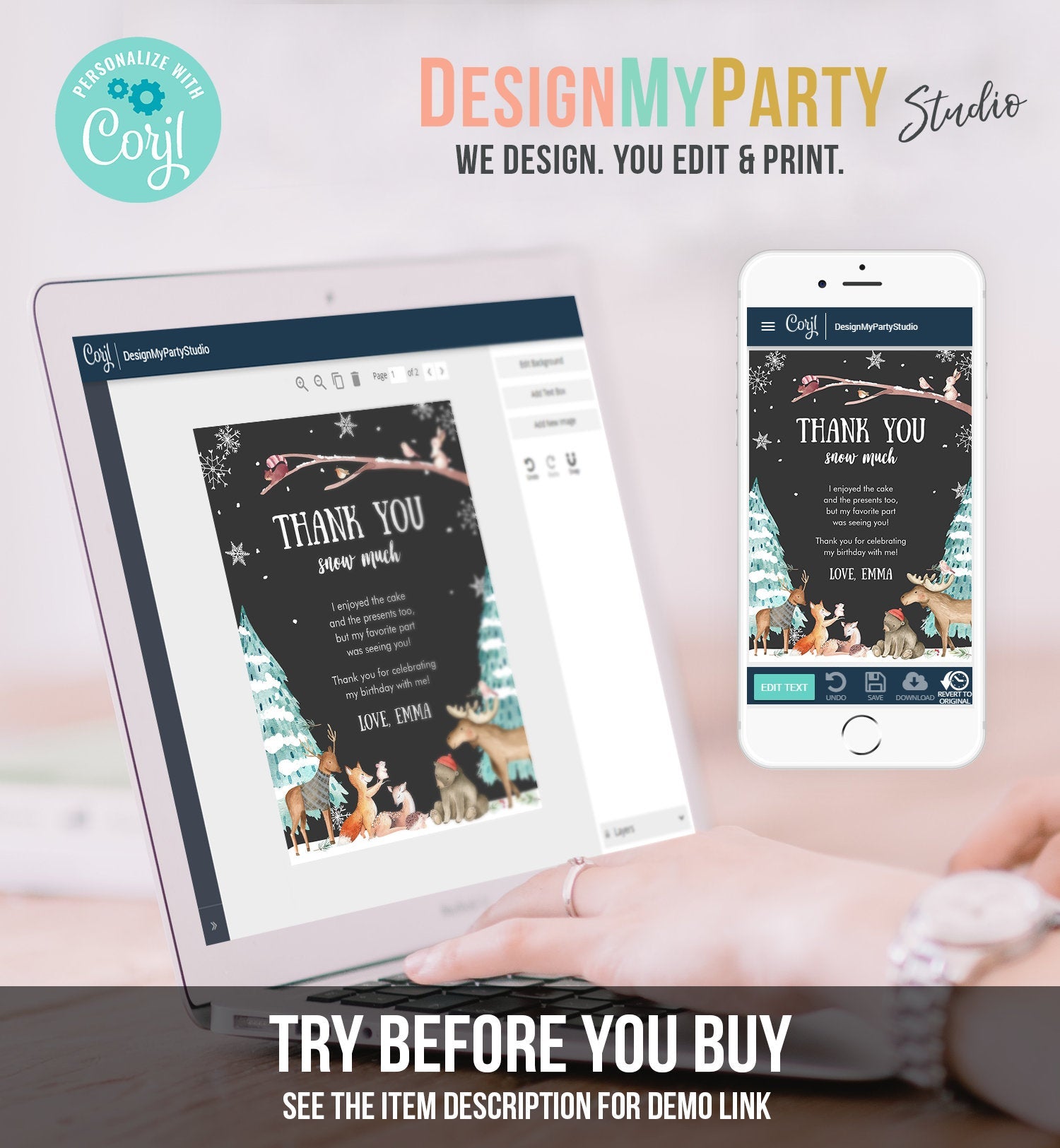 Editable Winter ONEderland Birthday Thank You Card First Birthday Woodland Thank you card Template Instant Download Digital Corjl 0195