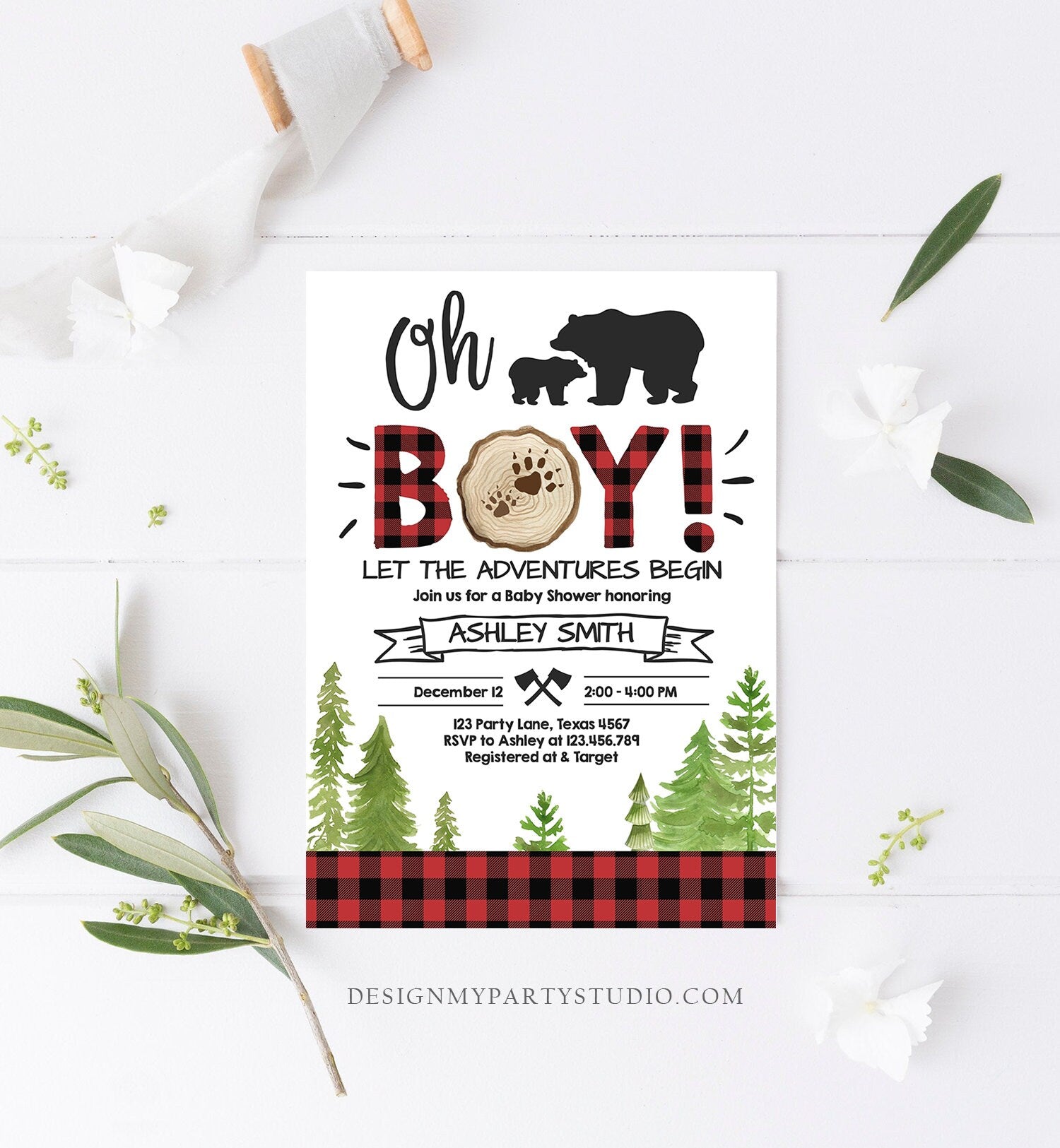 Editable Lumberjack Baby Shower Invitation Baby Boy Buffalo Plaid Rustic Bear Cub Instant Download Printable Template Digital Corjl 0191