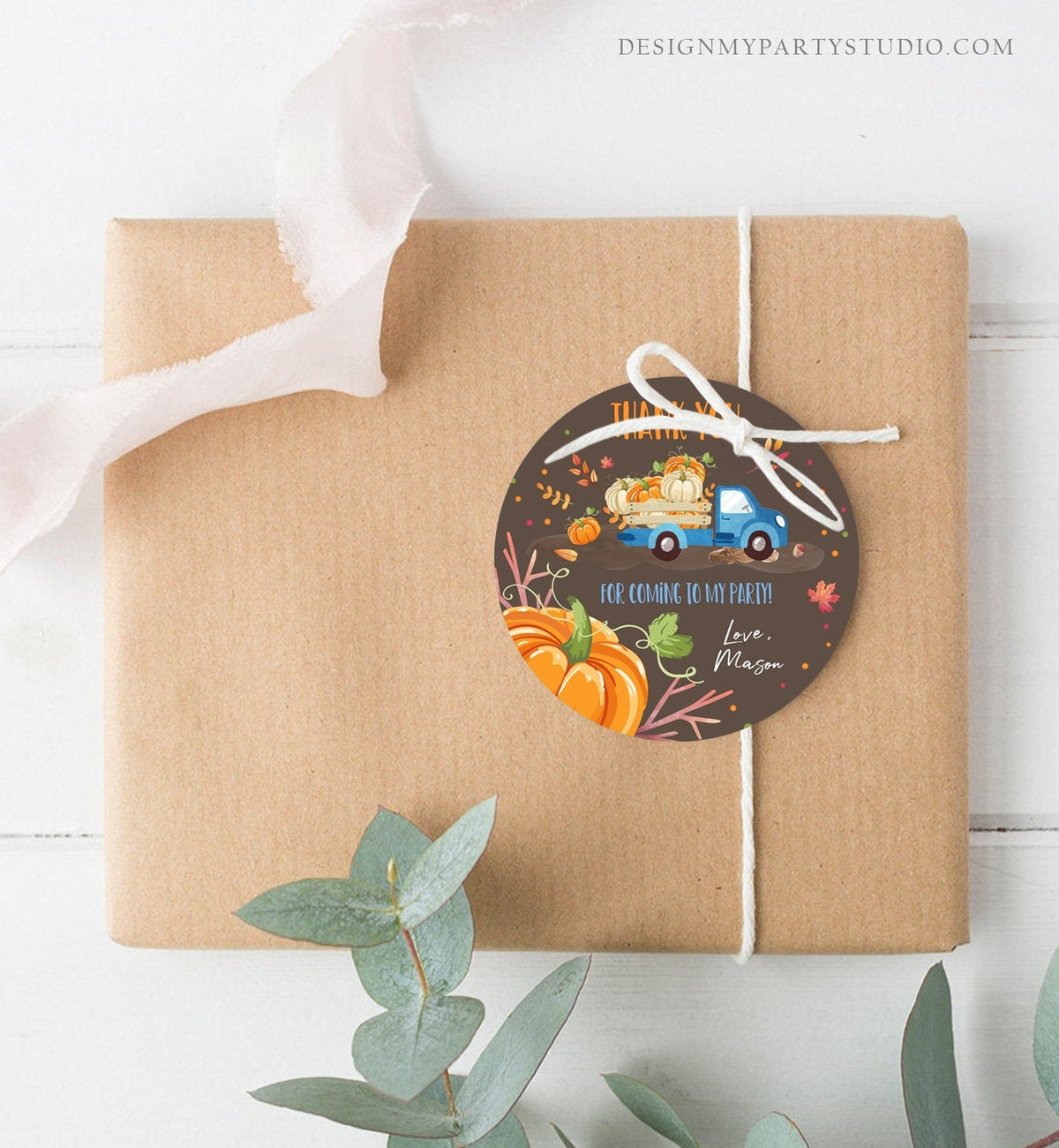Editable Pumpkin Thank you Tags Pumpkin Truck Stickers Pumpkin Birthday Fall Autumn Blue Brown Boy Favor Tags Template Corjl 0153