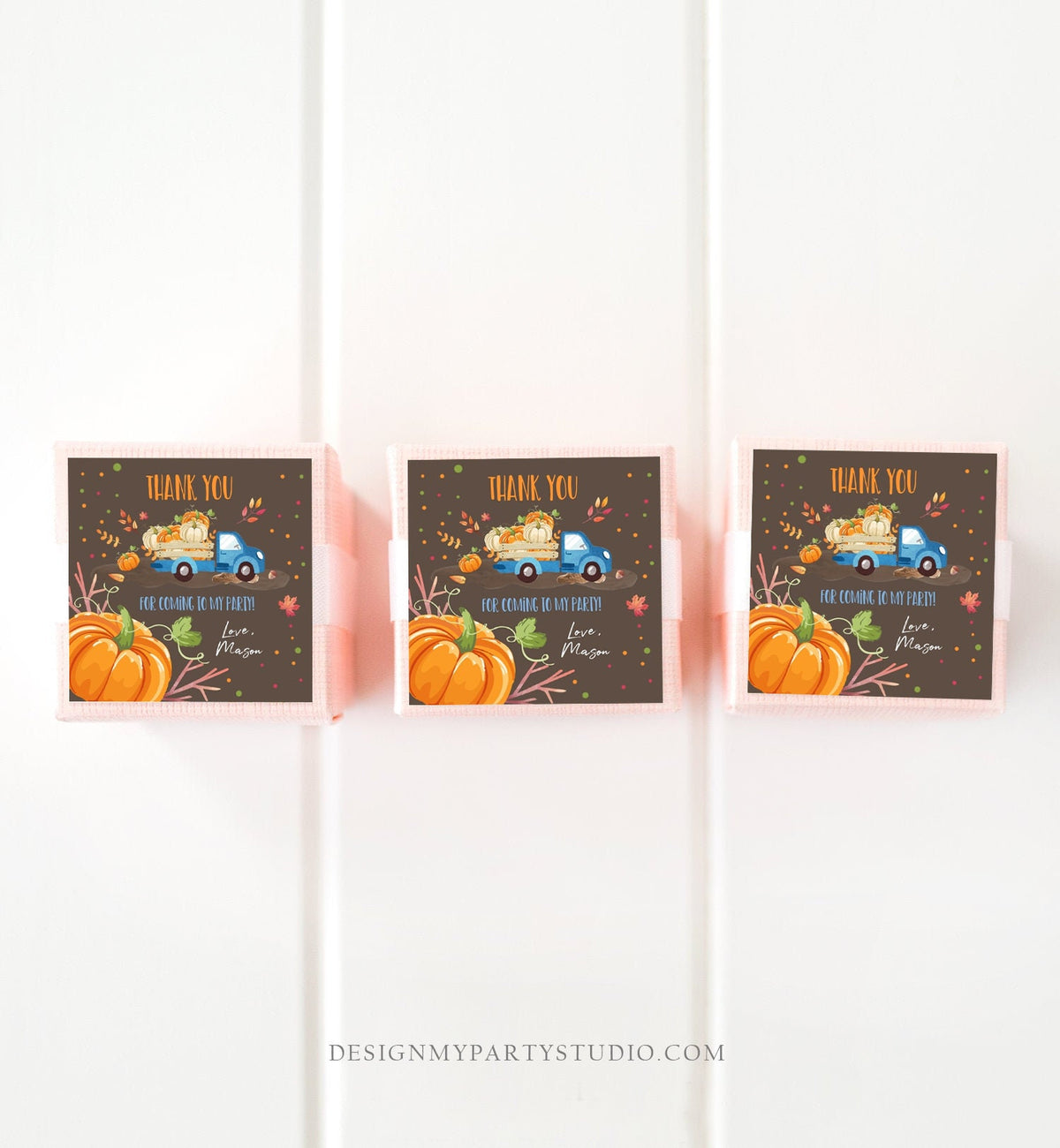 Editable Pumpkin Thank you Tags Pumpkin Truck Stickers Pumpkin Birthday Fall Autumn Blue Brown Boy Favor Tags Template Corjl 0153