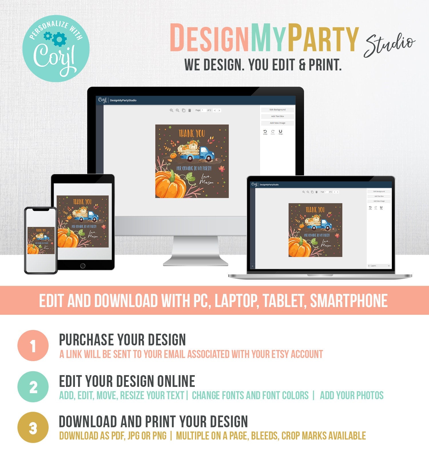 Editable Pumpkin Thank you Tags Pumpkin Truck Stickers Pumpkin Birthday Fall Autumn Blue Brown Boy Favor Tags Template Corjl 0153