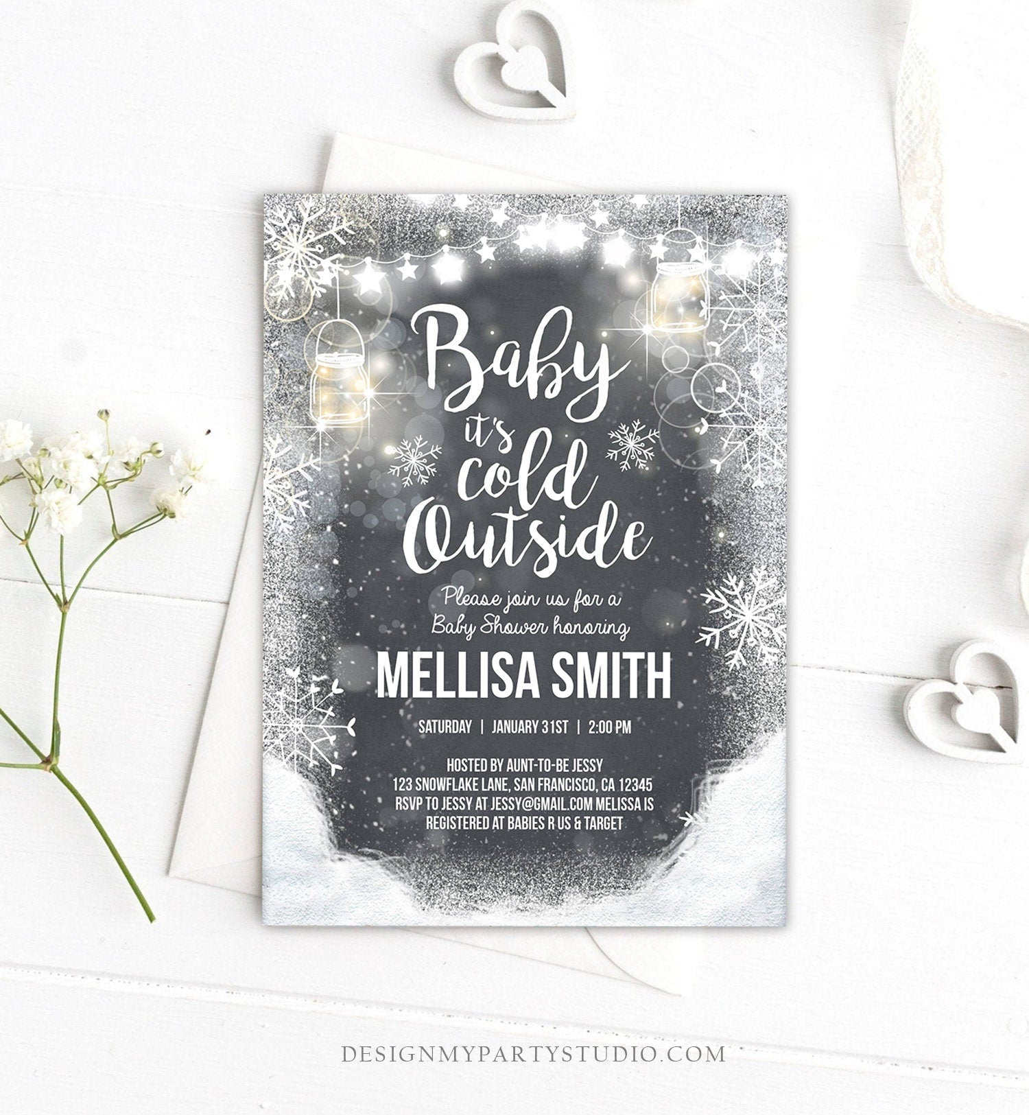 Editable Winter Baby Shower Invitation Baby Its Cold Outside Mason Jars Gender Neutral Snow Invitation Template Instant Download Corjl 0031