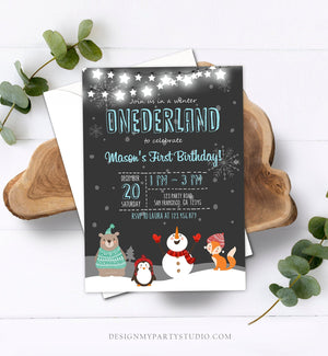 Editable ANY AGE Winter ONEderland Birthday Invitation Woodland Boy Birthday Blue Download Printable Invite Template Digital Corjl 0022