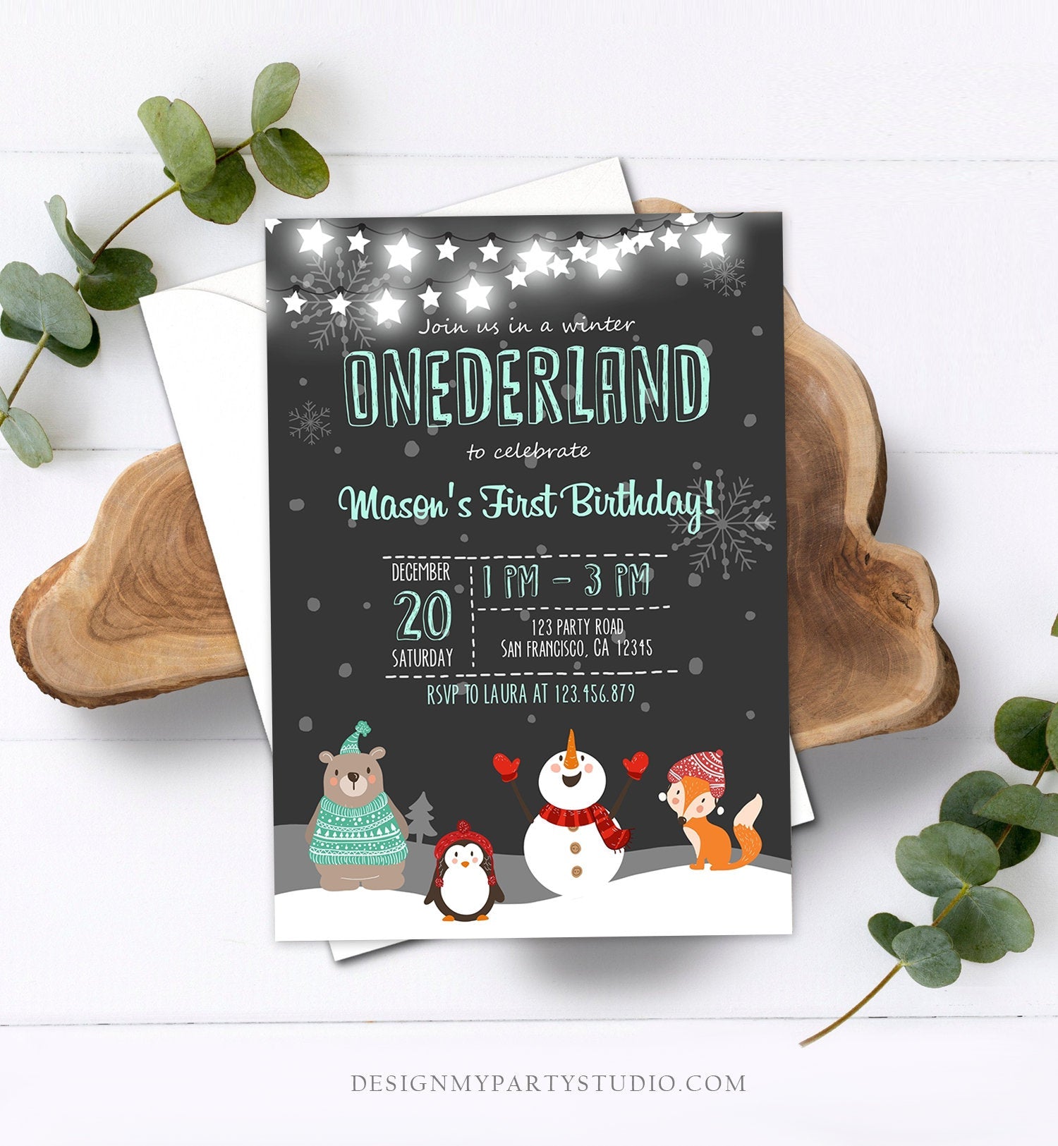 Editable ANY AGE Winter ONEderland Birthday Invitation Woodland Boy Mint Animals Download Printable Invitation Template Digital Corjl 0022