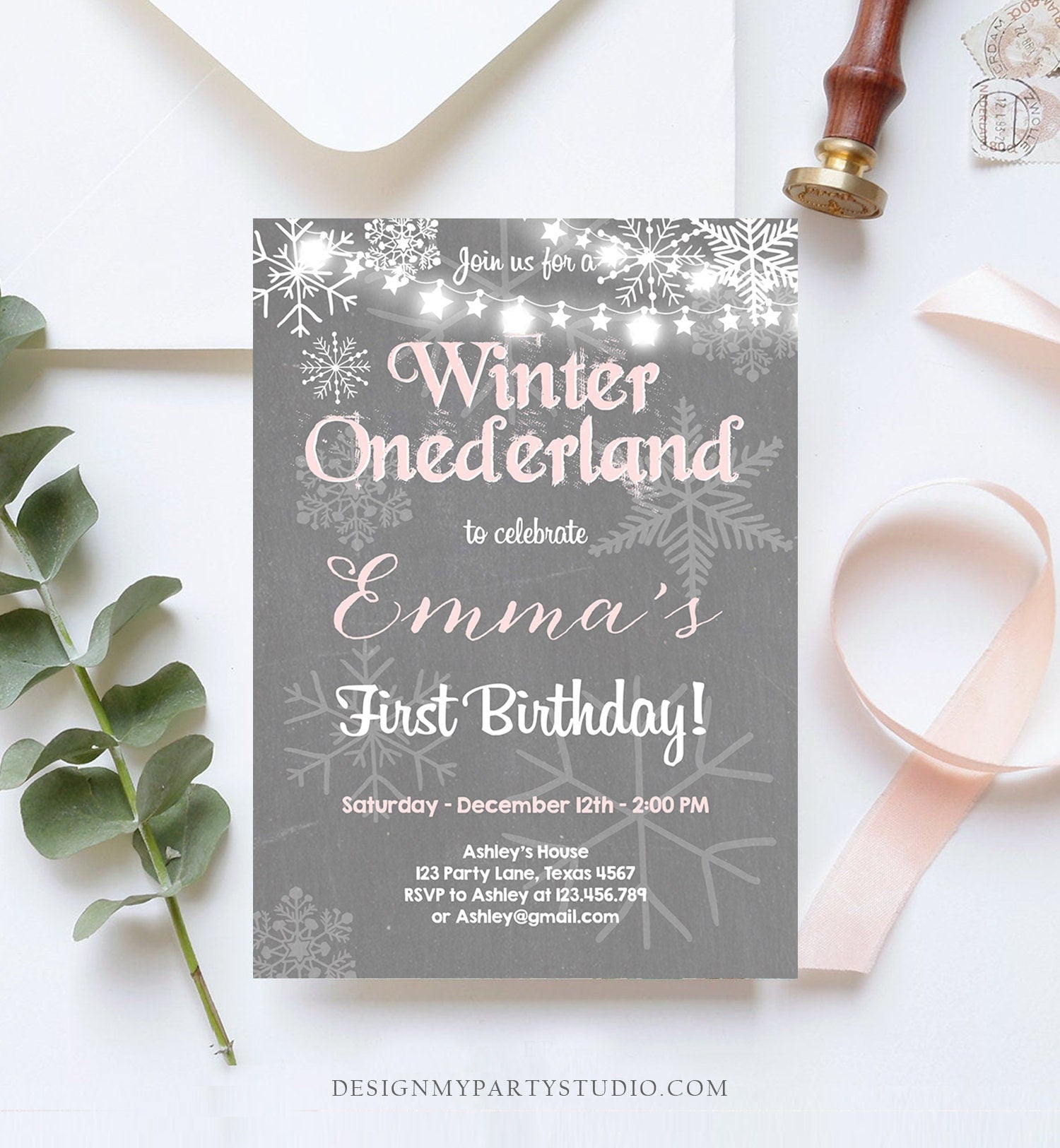 Editable Winter ONEderland Birthday Invitation First Birthday Snowflake Girl Pink Grey Snow Download Printable Invite Template Corjl 0027