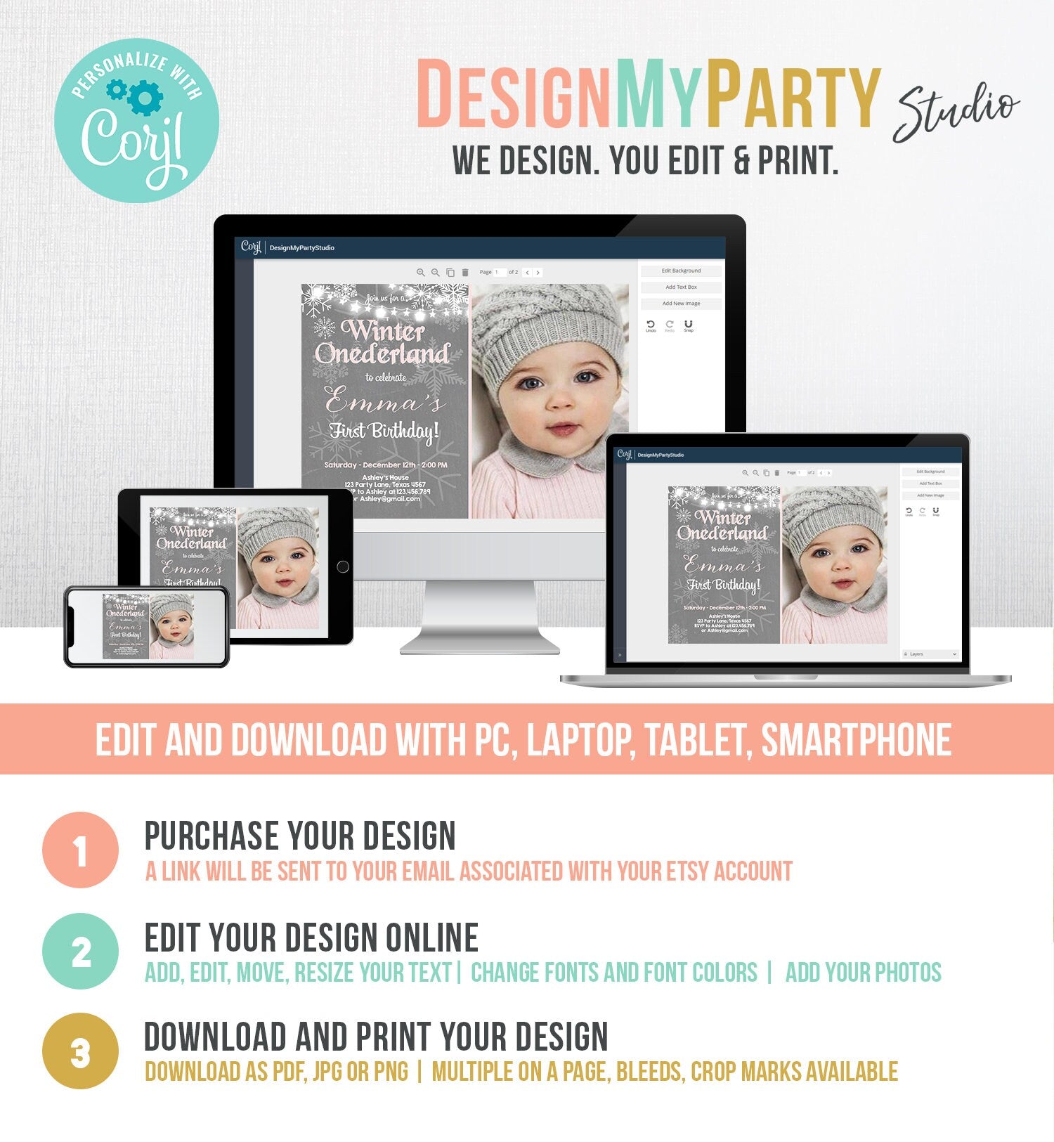 Editable Winter ONEderland Birthday Invitation First Birthday Snowflake Girl Pink Grey Snow Download Printable Invite Template Corjl 0027