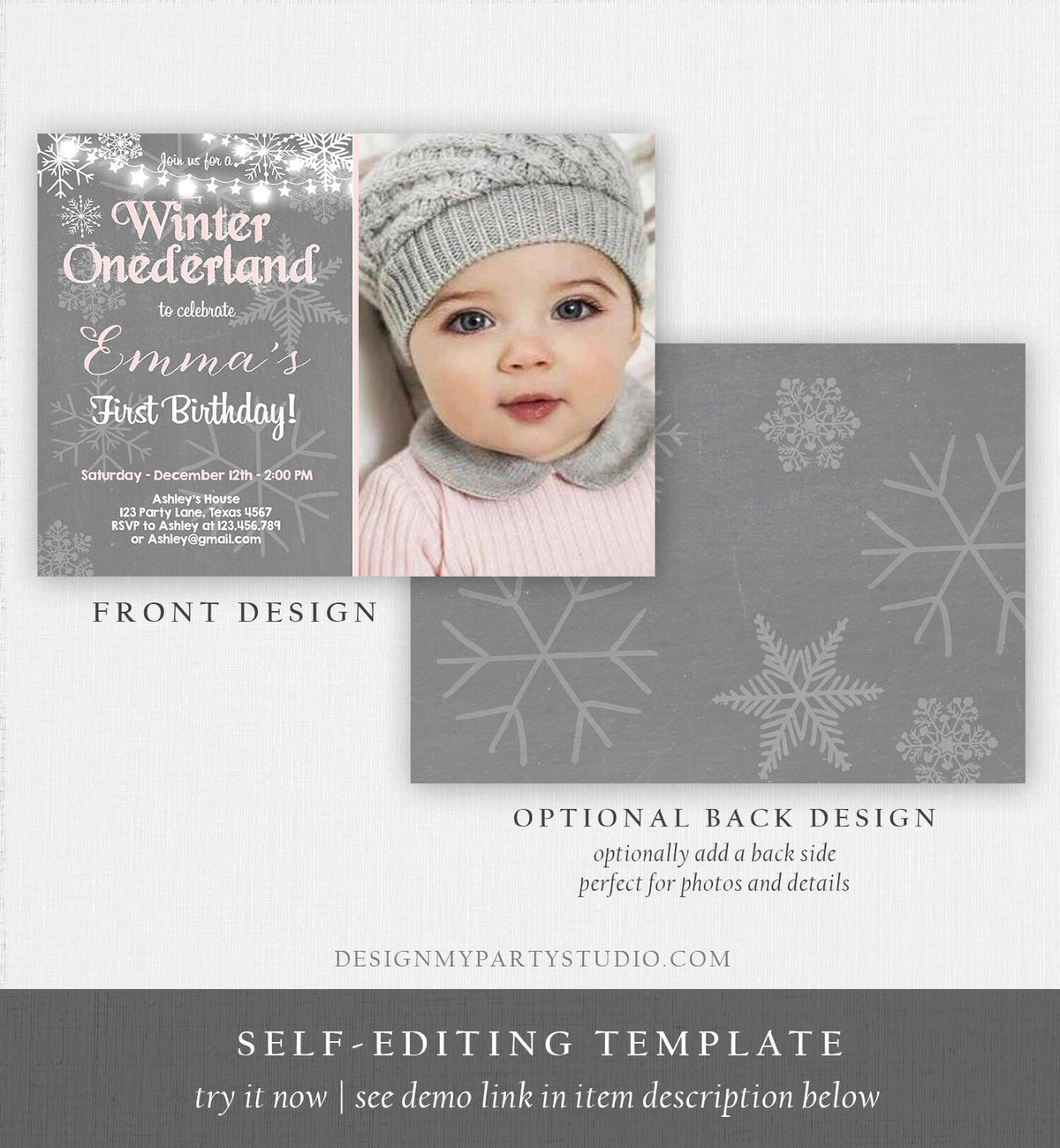 Editable Winter ONEderland Birthday Invitation First Birthday Snowflake Girl Pink Grey Snow Download Printable Invite Template Corjl 0027