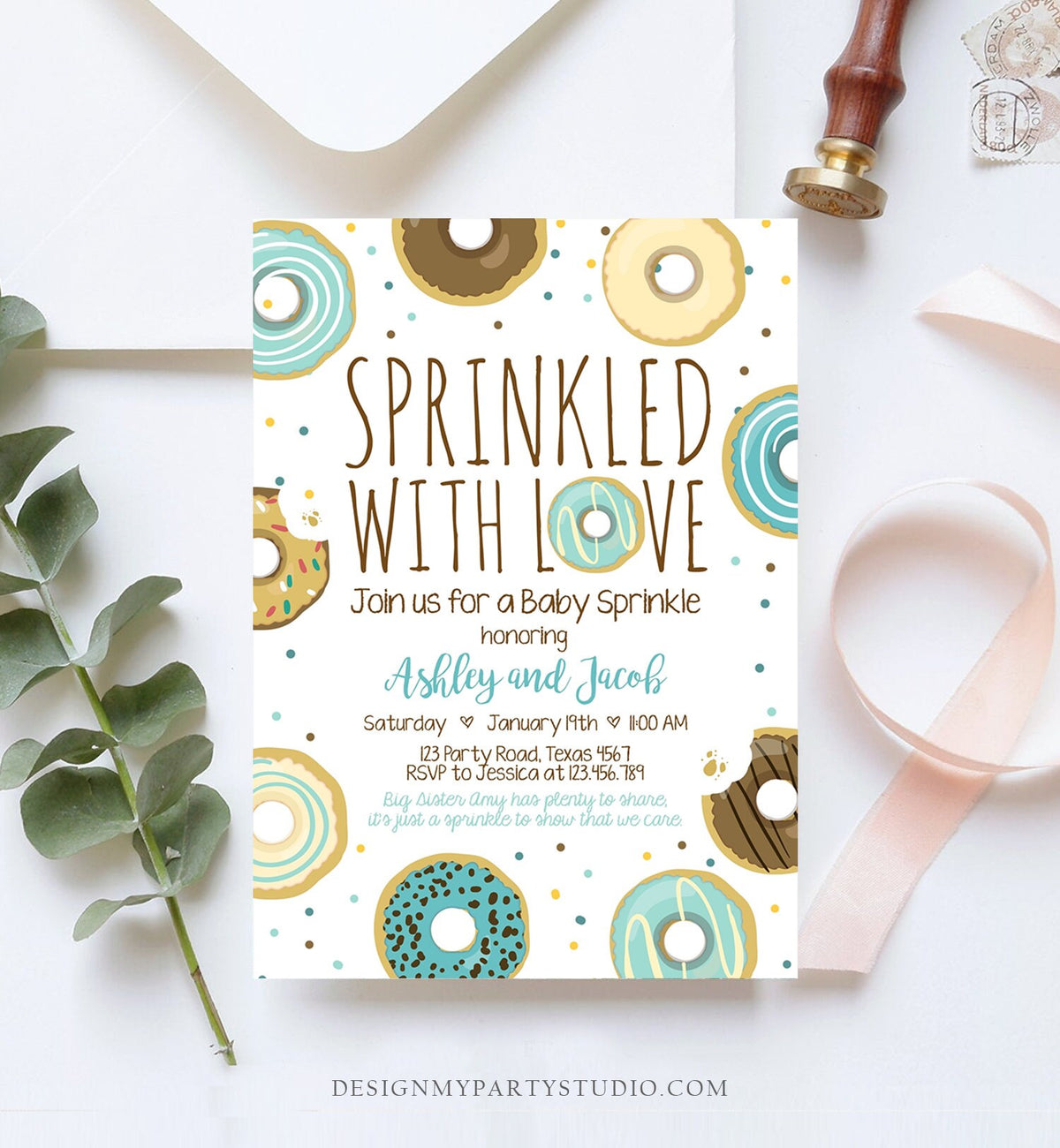Editable Donut Sprinkle Invitation Sprinkled With Love Coed Shower Gender Neutral Blue Boy Digital Download Printable Corjl Template 0050