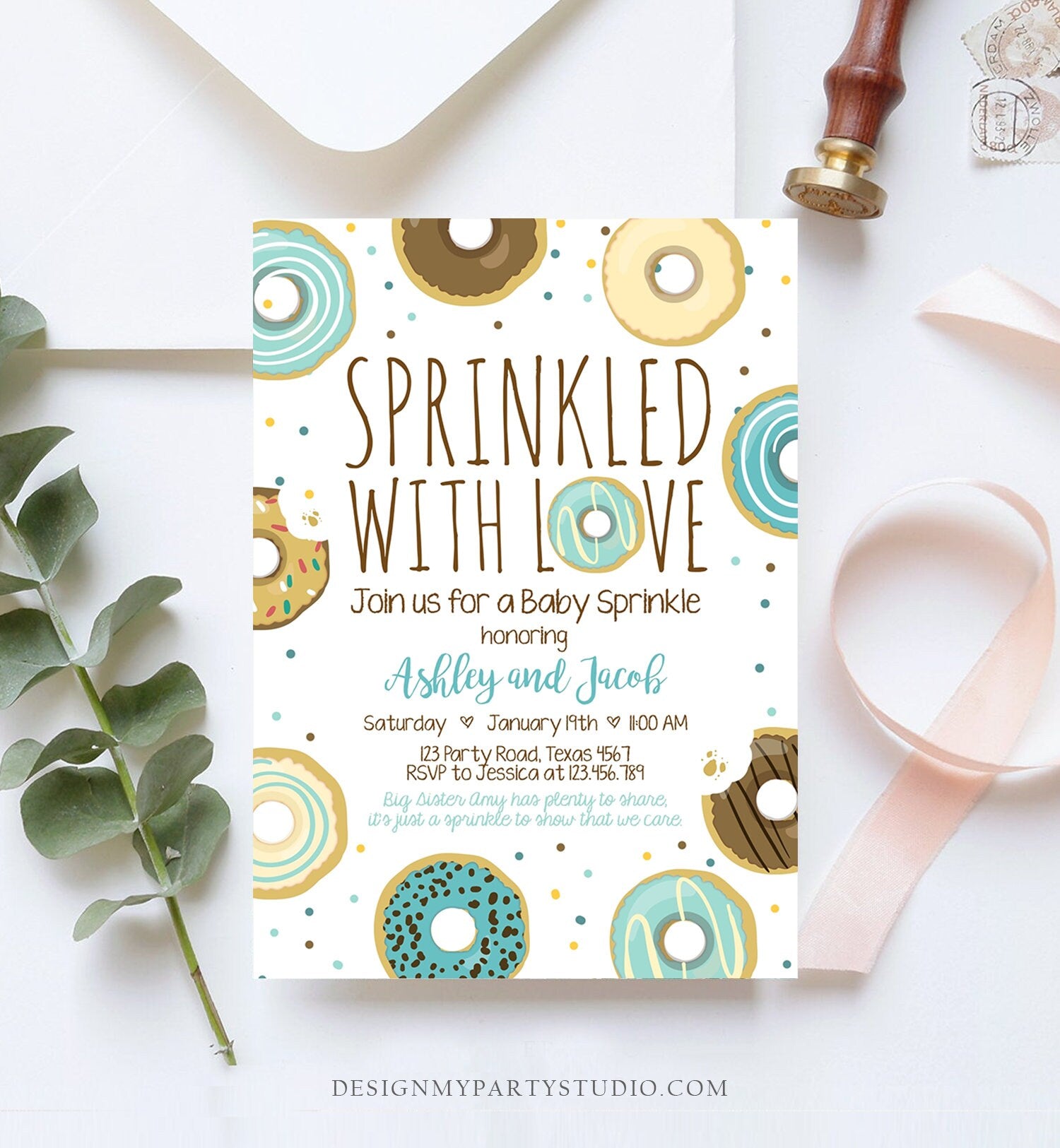 Editable Donut Sprinkle Invitation Sprinkled With Love Coed Shower Gender Neutral Blue Boy Digital Download Printable Corjl Template 0050