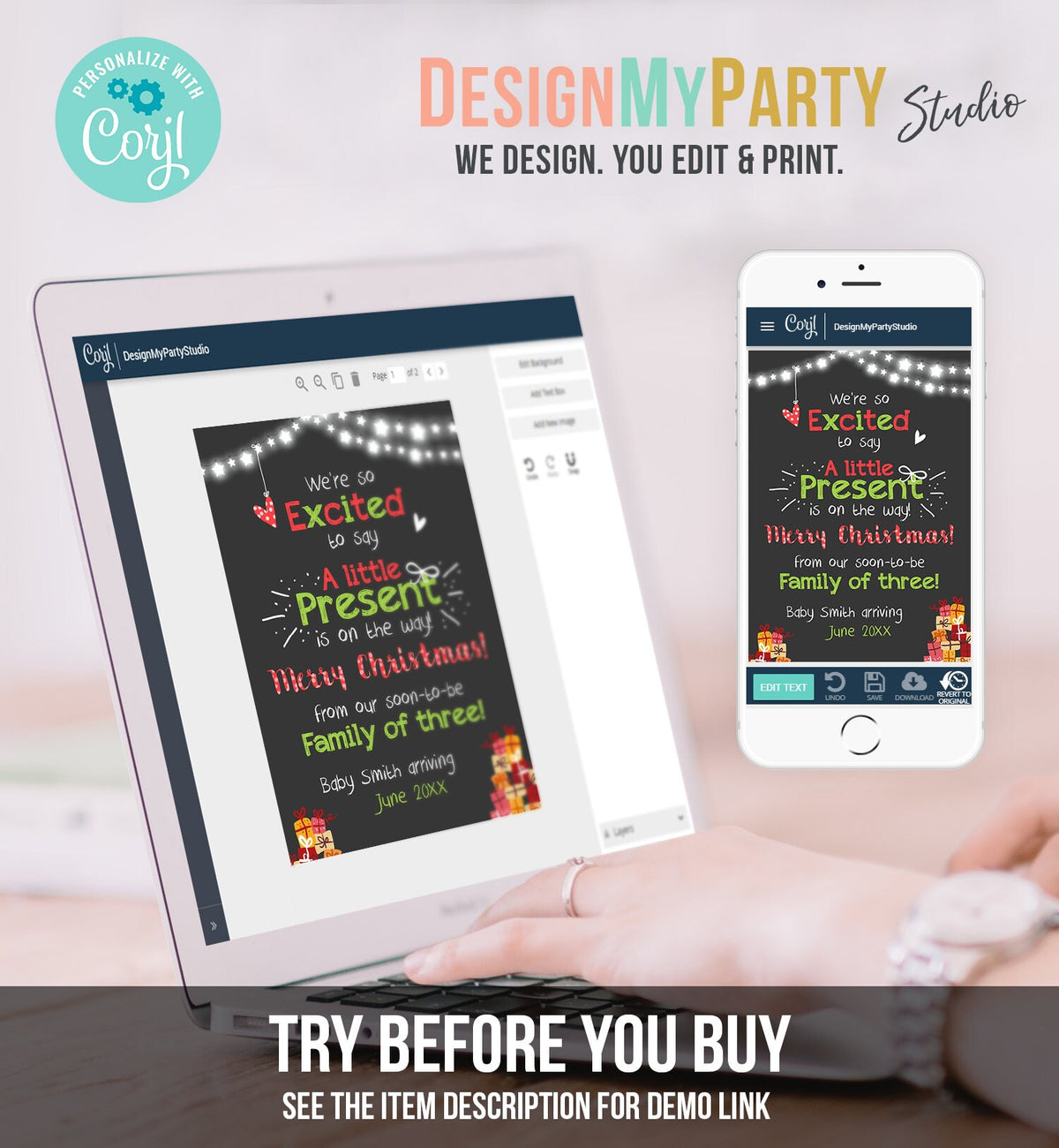 Editable Christmas Pregnancy Announcement Merry Christmas Baby Reveal Family of Three A Little Present On the Way Printable Corjl Template