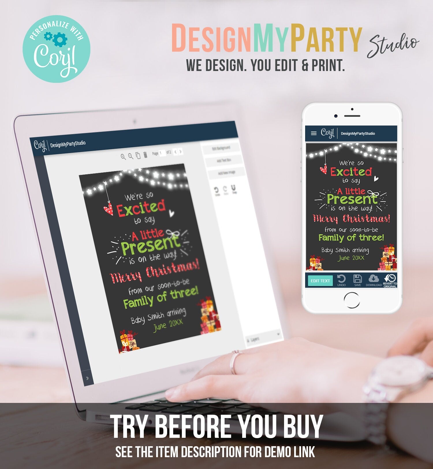 Editable Christmas Pregnancy Announcement Merry Christmas Baby Reveal Family of Three A Little Present On the Way Printable Corjl Template