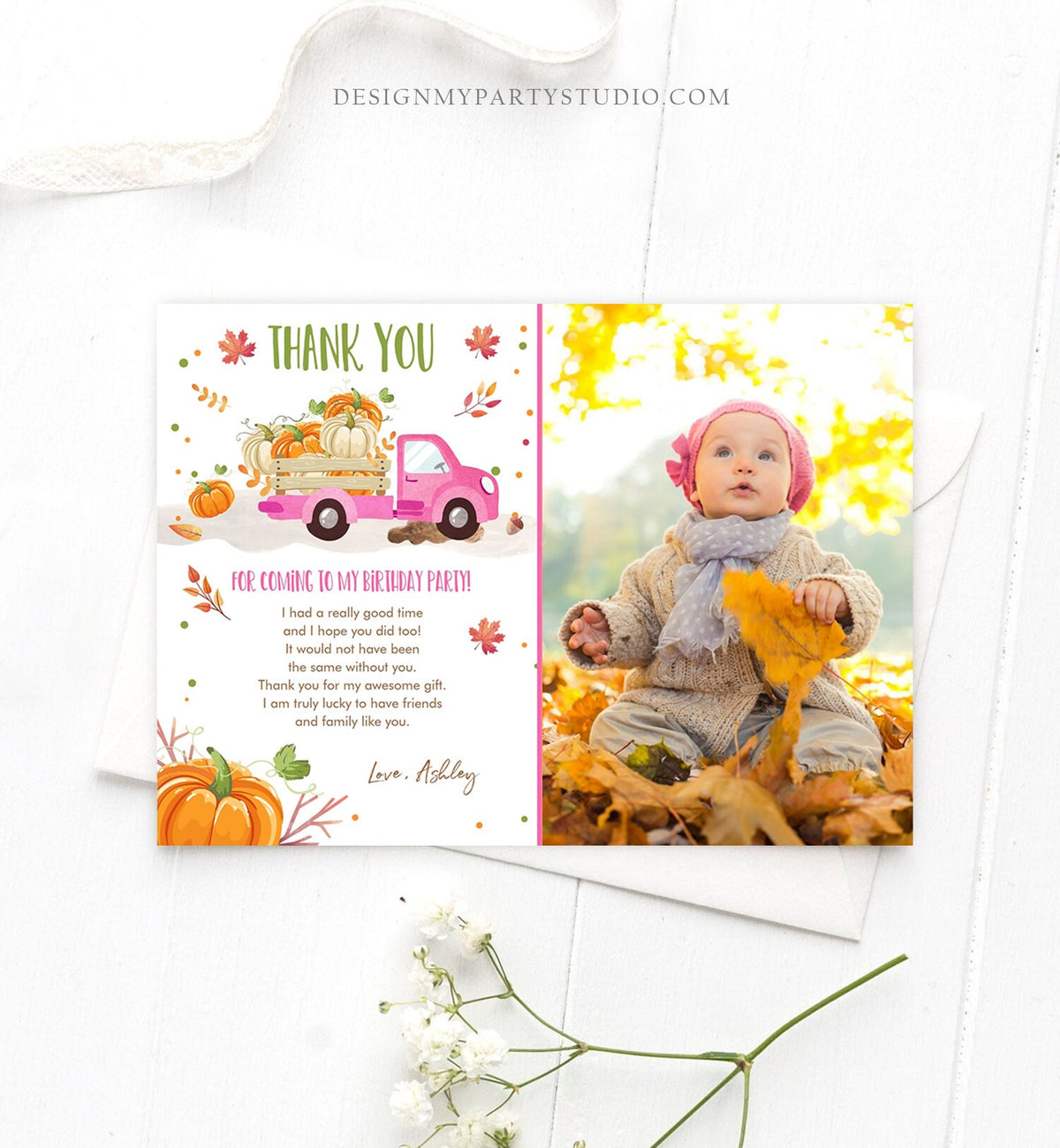 Editable Pumpkin Birthday Thank You Card Girls Fall Girl Pumpkin Truck Birthday Party Pink Orange Download Printable Template Corjl 0153