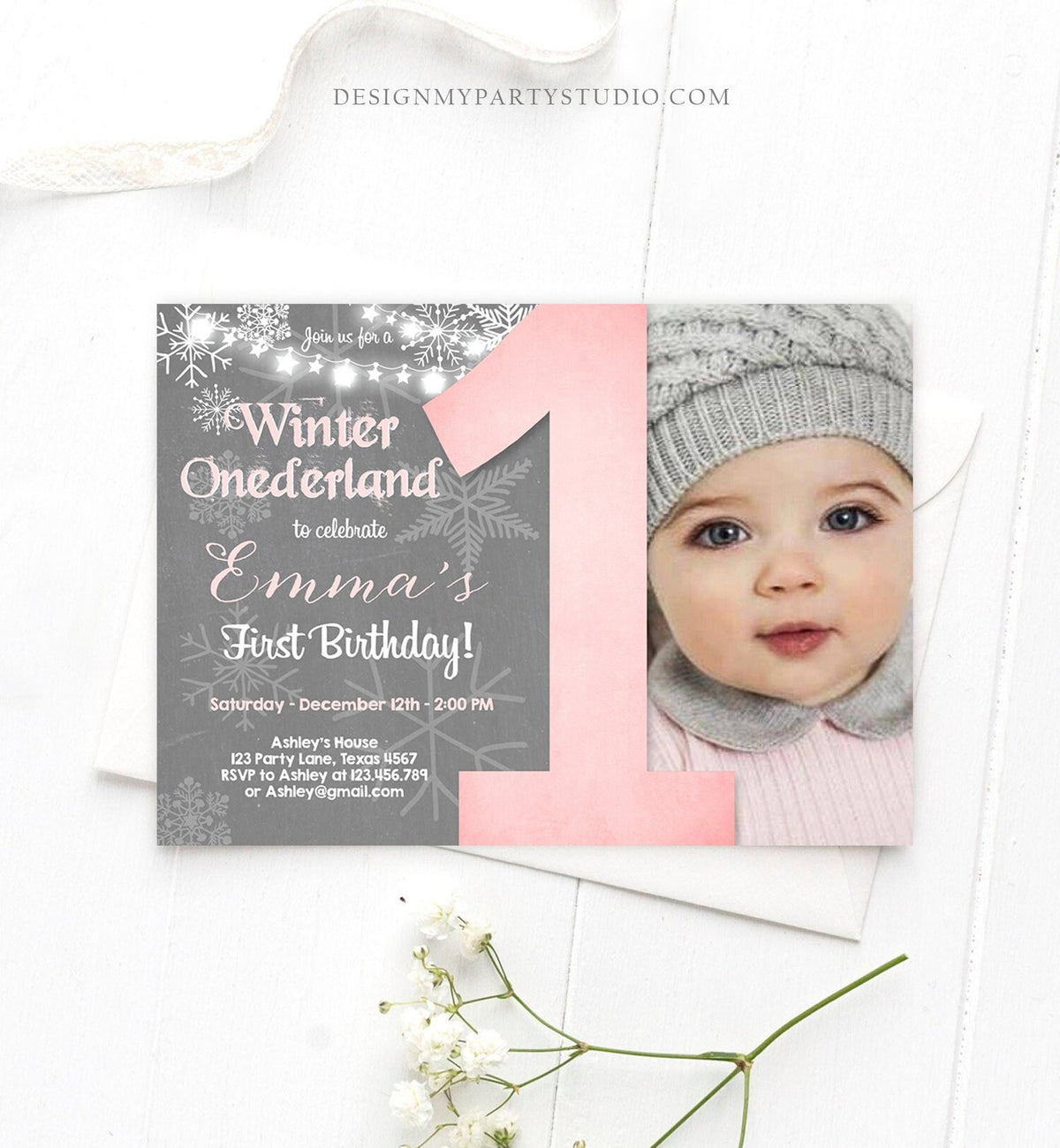 Editable Winter ONEderland Birthday Invitation First Birthday Snowflake Girl Pink Grey Snow Download Printable Invite Template Corjl 0027