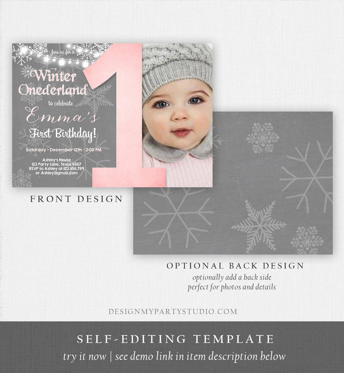 Editable Winter ONEderland Birthday Invitation First Birthday Snowflake Girl Pink Grey Snow Download Printable Invite Template Corjl 0027