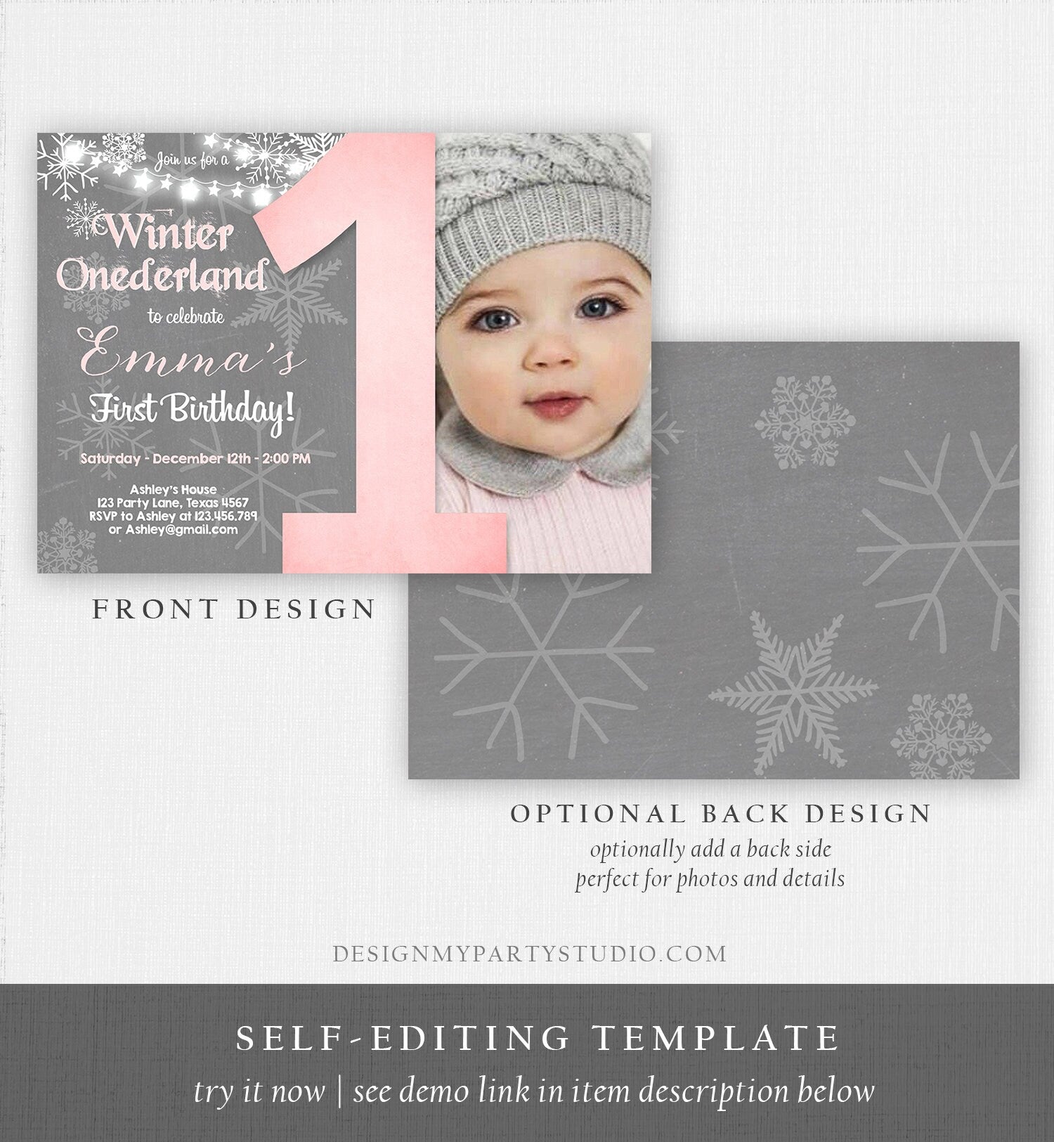 Editable Winter ONEderland Birthday Invitation First Birthday Snowflake Girl Pink Grey Snow Download Printable Invite Template Corjl 0027