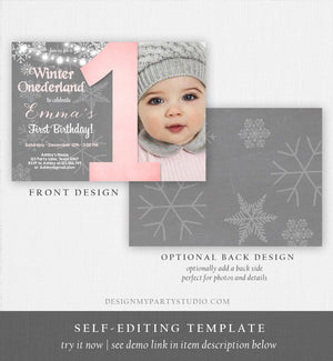Editable Winter ONEderland Birthday Invitation First Birthday Snowflake Girl Pink Grey Snow Download Printable Invite Template Corjl 0027
