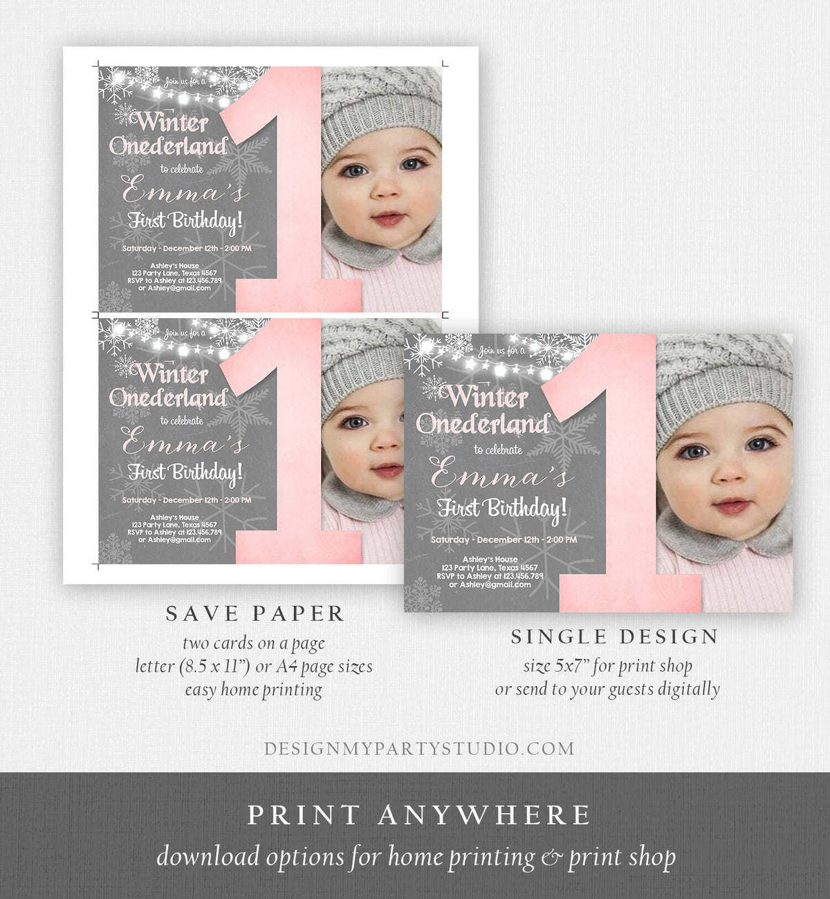 Editable Winter ONEderland Birthday Invitation First Birthday Snowflake Girl Pink Grey Snow Download Printable Invite Template Corjl 0027