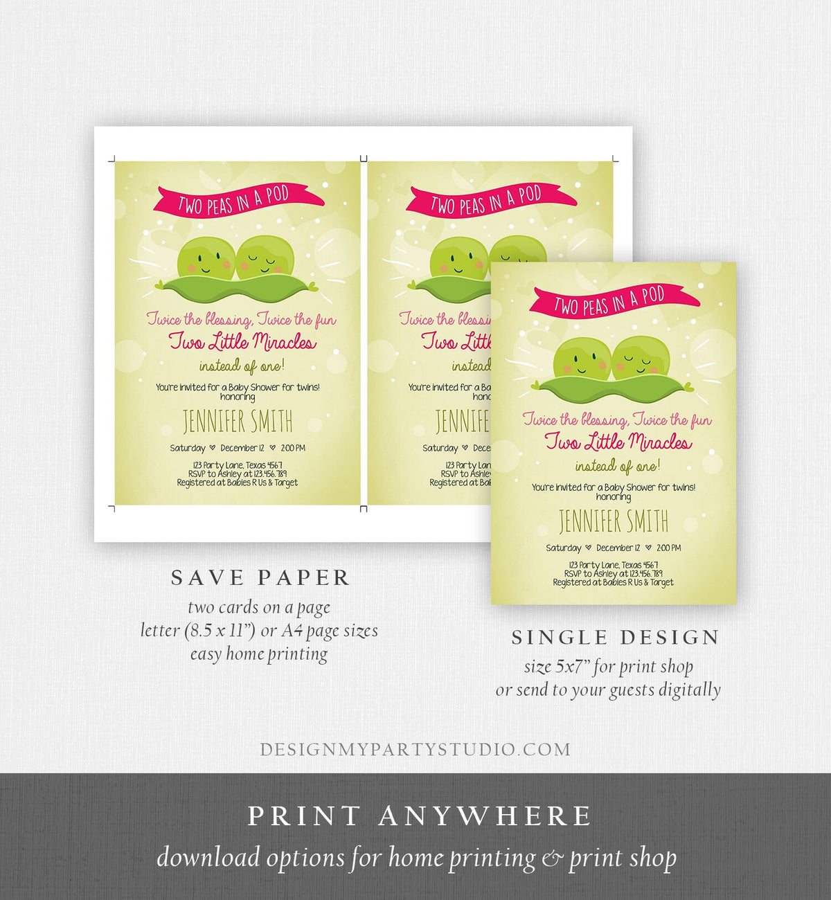 Editable Twin Baby Shower Invitation Girls Two Peas In a Pod Baby Shower Pink Twins Invitation Template Download Digital Corjl 0020
