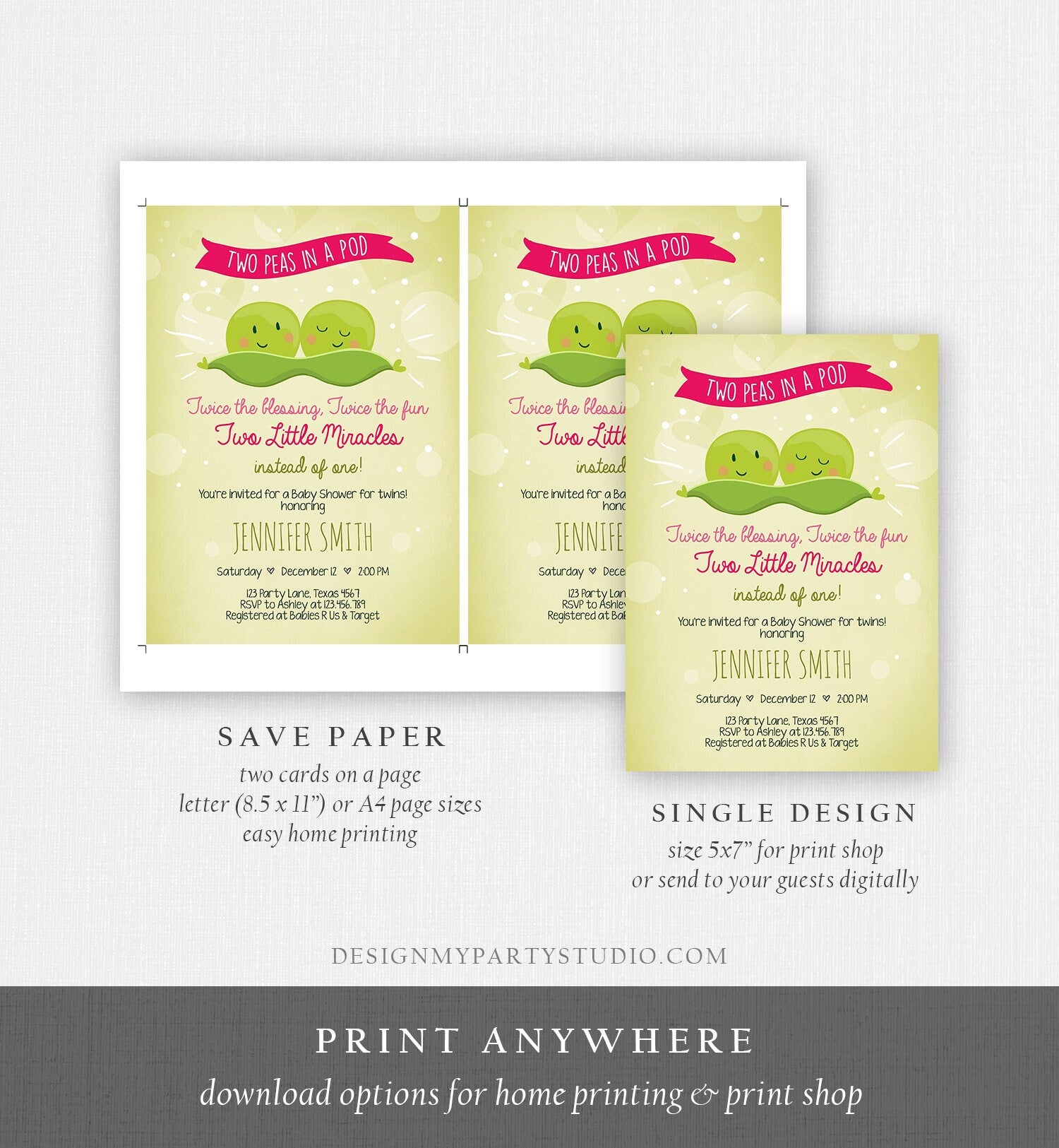 Editable Twin Baby Shower Invitation Girls Two Peas In a Pod Baby Shower Pink Twins Invitation Template Download Digital Corjl 0020