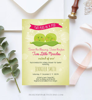 Editable Twin Baby Shower Invitation Girls Two Peas In a Pod Baby Shower Pink Twins Invitation Template Download Digital Corjl 0020