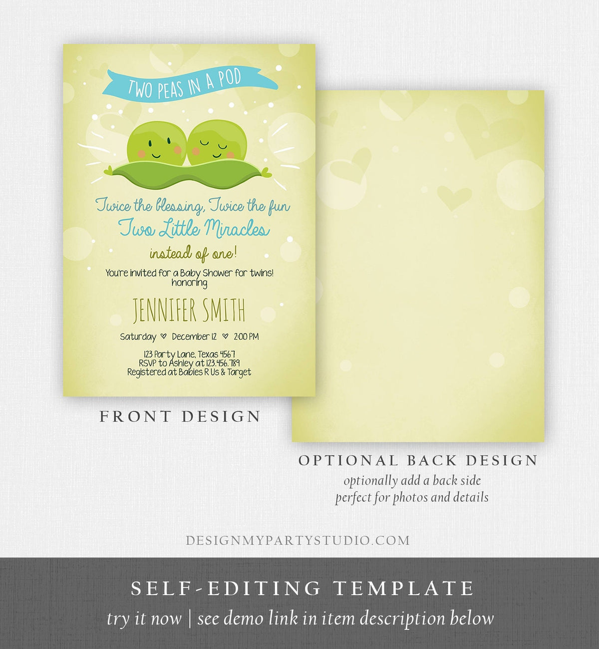 Editable Twin Baby Shower Invitation Boys Two Peas In a Pod Baby Shower Blue Twins Invitation Sweet Pea Template Download Digital Corjl 0020