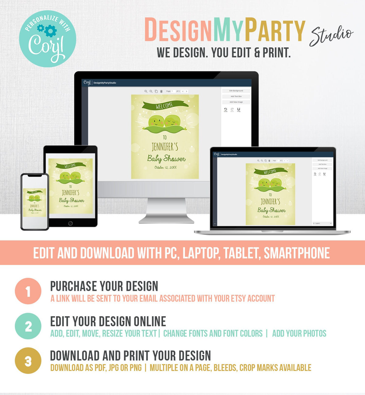 Editable Peas in a Pod Welcome Sign Twin Baby Shower Welcome Personalized Baby Sprinkle Sweet Pea Theme Gender Neutral Corjl Template 0020