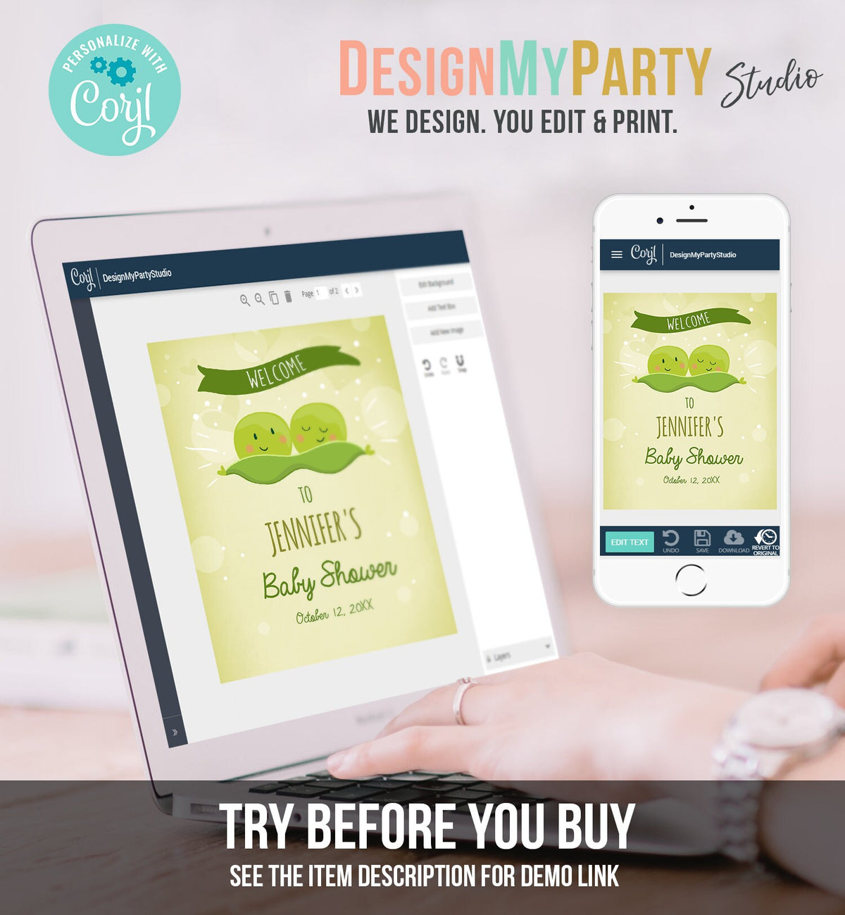 Editable Peas in a Pod Welcome Sign Twin Baby Shower Welcome Personalized Baby Sprinkle Sweet Pea Theme Gender Neutral Corjl Template 0020