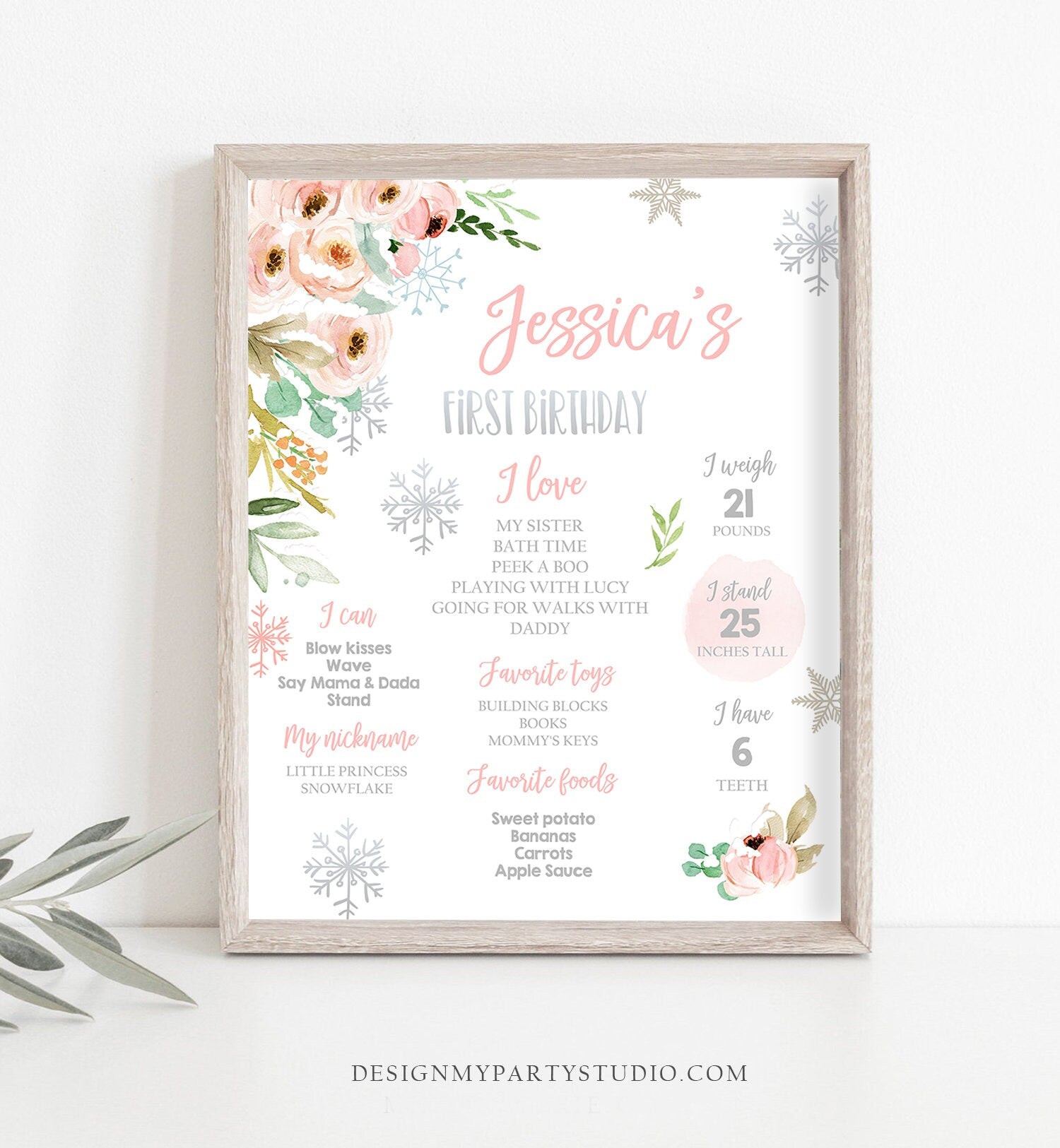 Editable Winter Birthday Milestones Sign Winter Onederland First Birthday Girl Pink Silver Snowflakes Floral Corjl Template Printable 0184