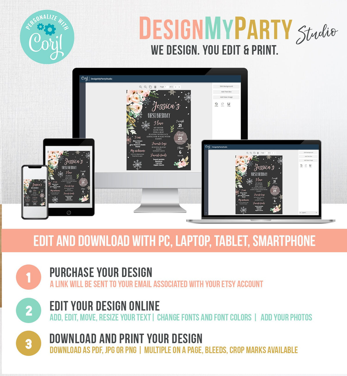 Editable Winter Birthday Milestones Sign Winter Onederland First Birthday Girl Pink Silver Snowflakes Floral Corjl Template Printable 0184