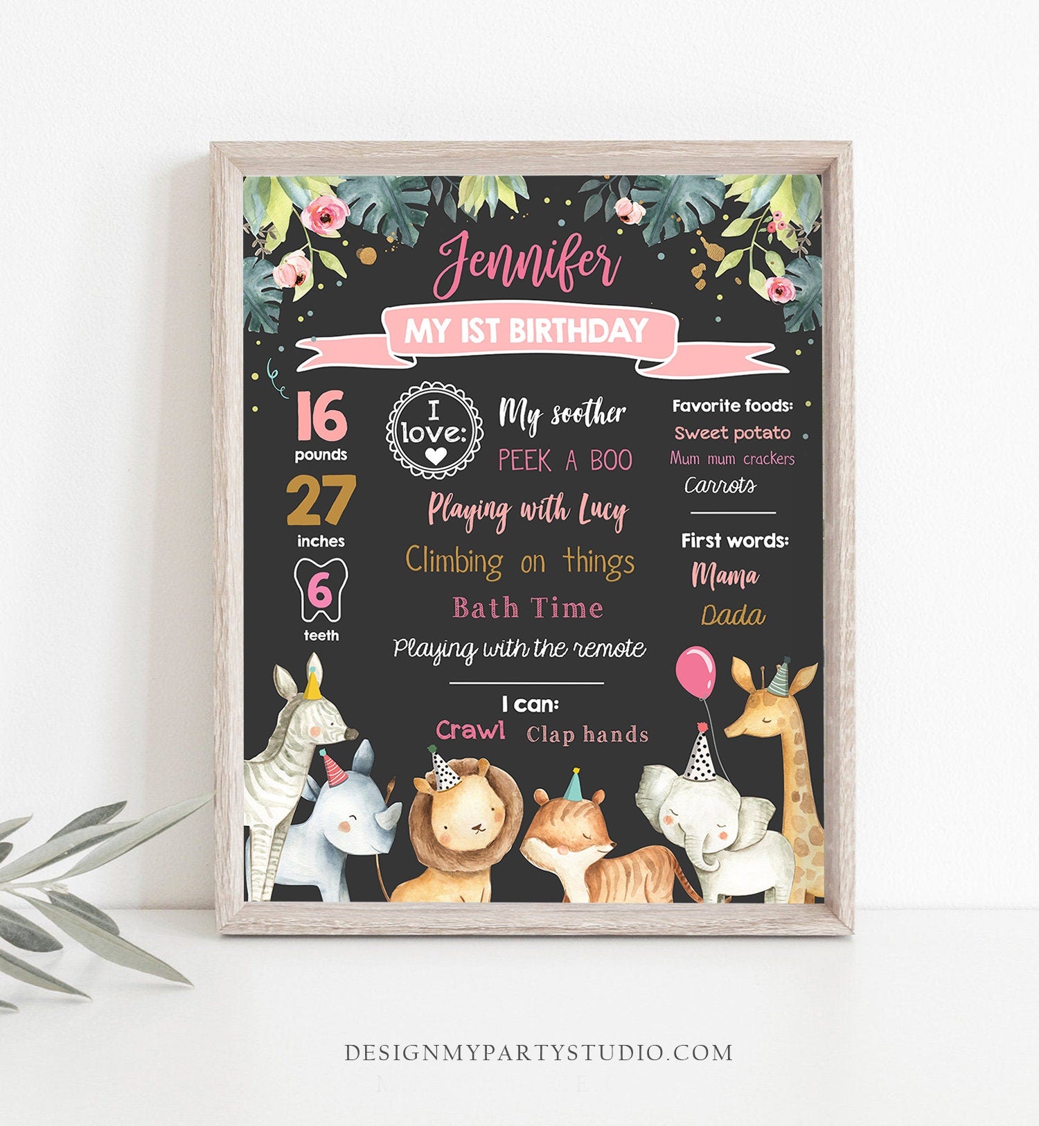 Editable Safari Animals Birthday Milestones Sign Pink and Gold Girl Birthday Zoo Jungle 1st Birthday Download Template Printable Corjl 0163