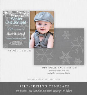 Editable Winter ONEderland Birthday Invitation First Birthday Snowflake Boy Blue Lights Download Printable Invitation Template Corjl 0027