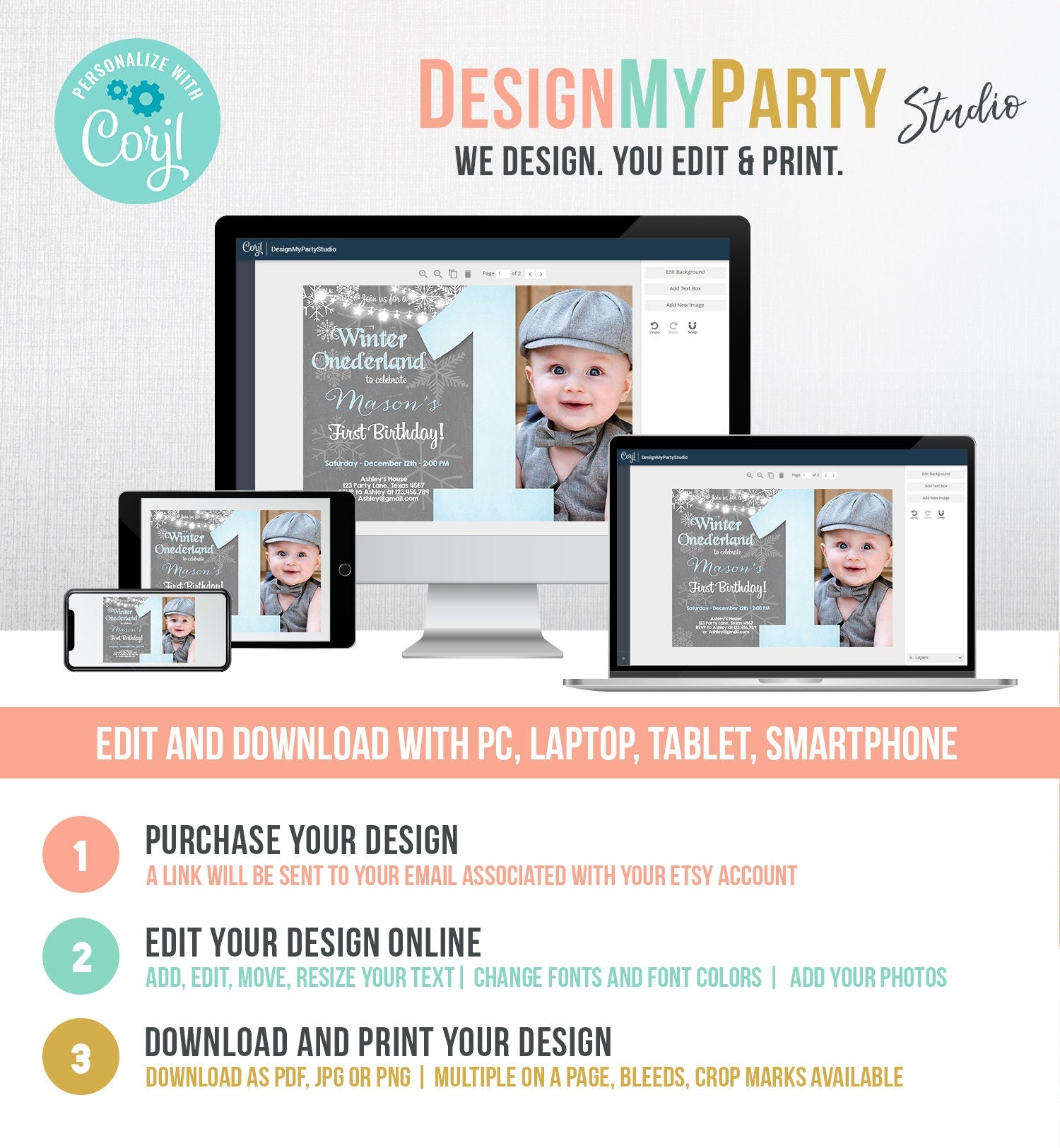 Editable Winter ONEderland Birthday Invitation First Birthday Snowflake Boy Blue Lights Download Printable Invitation Template Corjl 0027