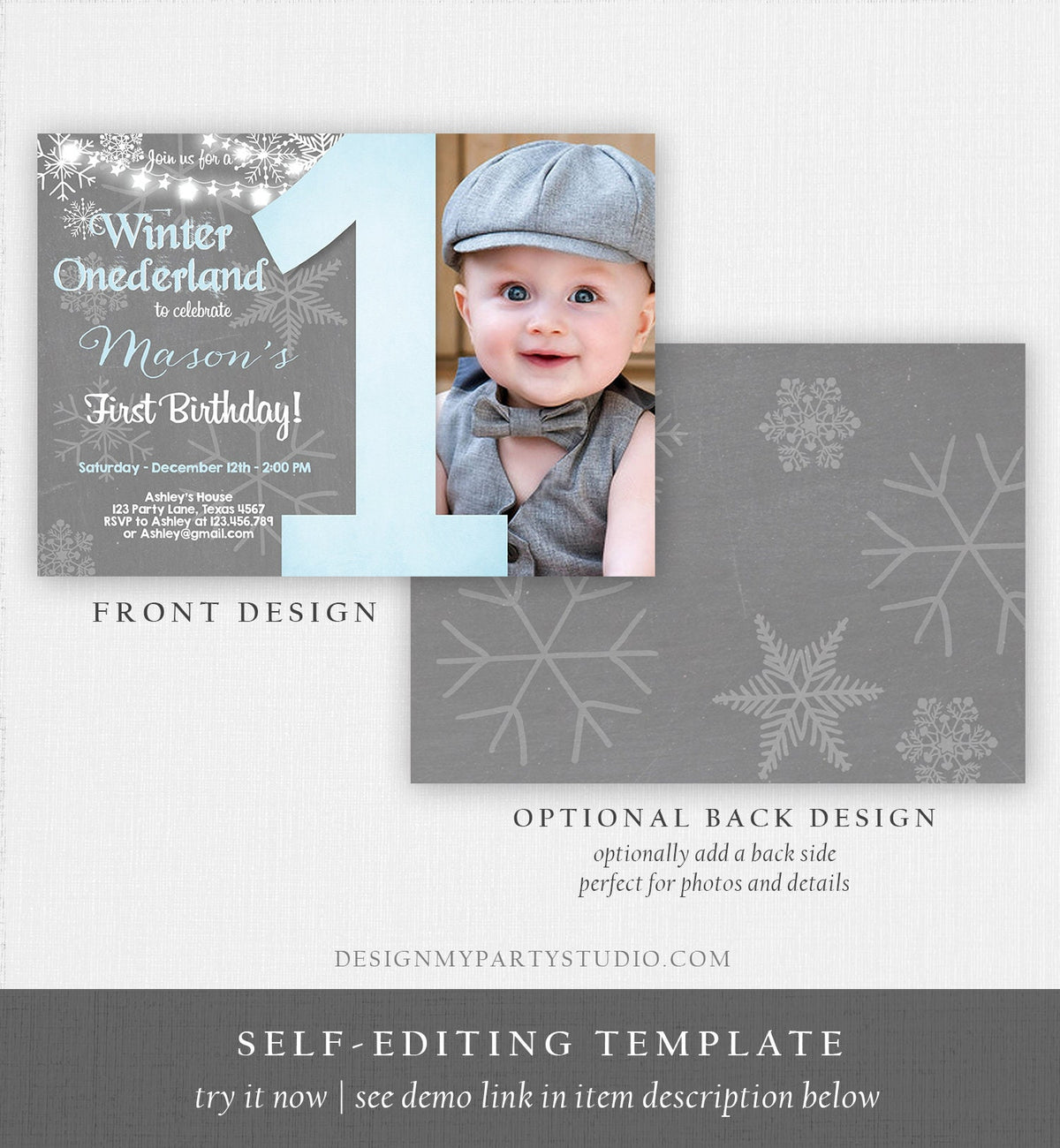Editable Winter ONEderland Birthday Invitation First Birthday Snowflake Boy Blue Lights Download Printable Invitation Template Corjl 0027