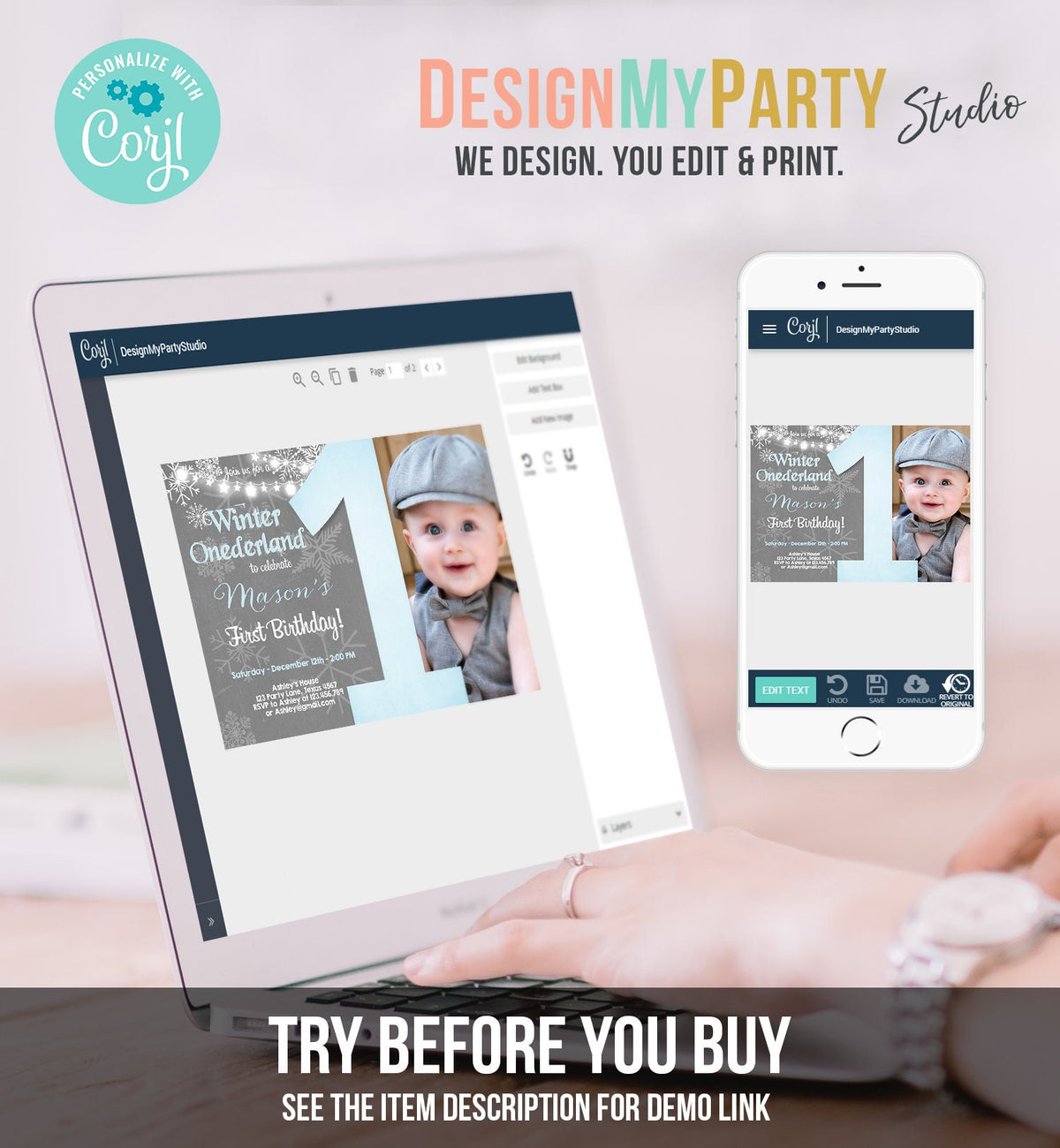 Editable Winter ONEderland Birthday Invitation First Birthday Snowflake Boy Blue Lights Download Printable Invitation Template Corjl 0027