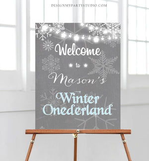 Editable Winter Onederland Welcome Sign Winter Welcome Sign Birthday Boy Blue and Grey Snowflakes Snow Template PRINTABLE Corjl 0027
