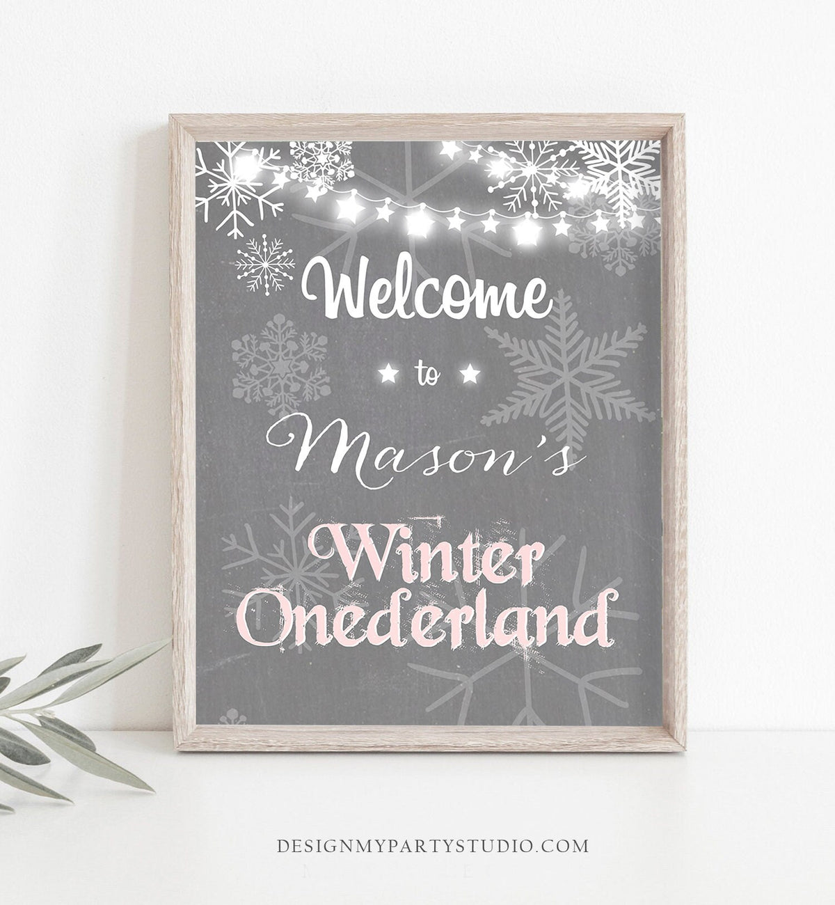 Editable Winter Onederland Welcome Sign Winter Welcome Sign Birthday Girl Pink and Grey Snowflakes Snow Template PRINTABLE Corjl 0027