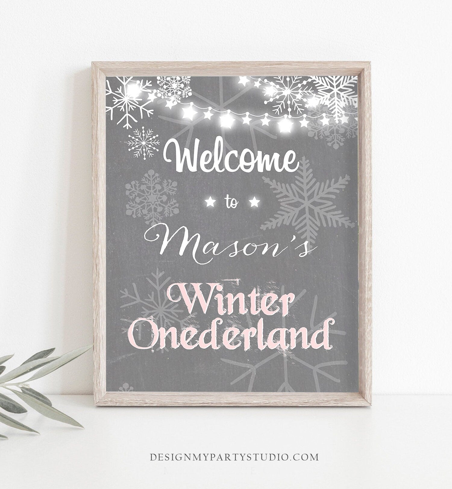 Editable Winter Onederland Welcome Sign Winter Welcome Sign Birthday Girl Pink and Grey Snowflakes Snow Template PRINTABLE Corjl 0027