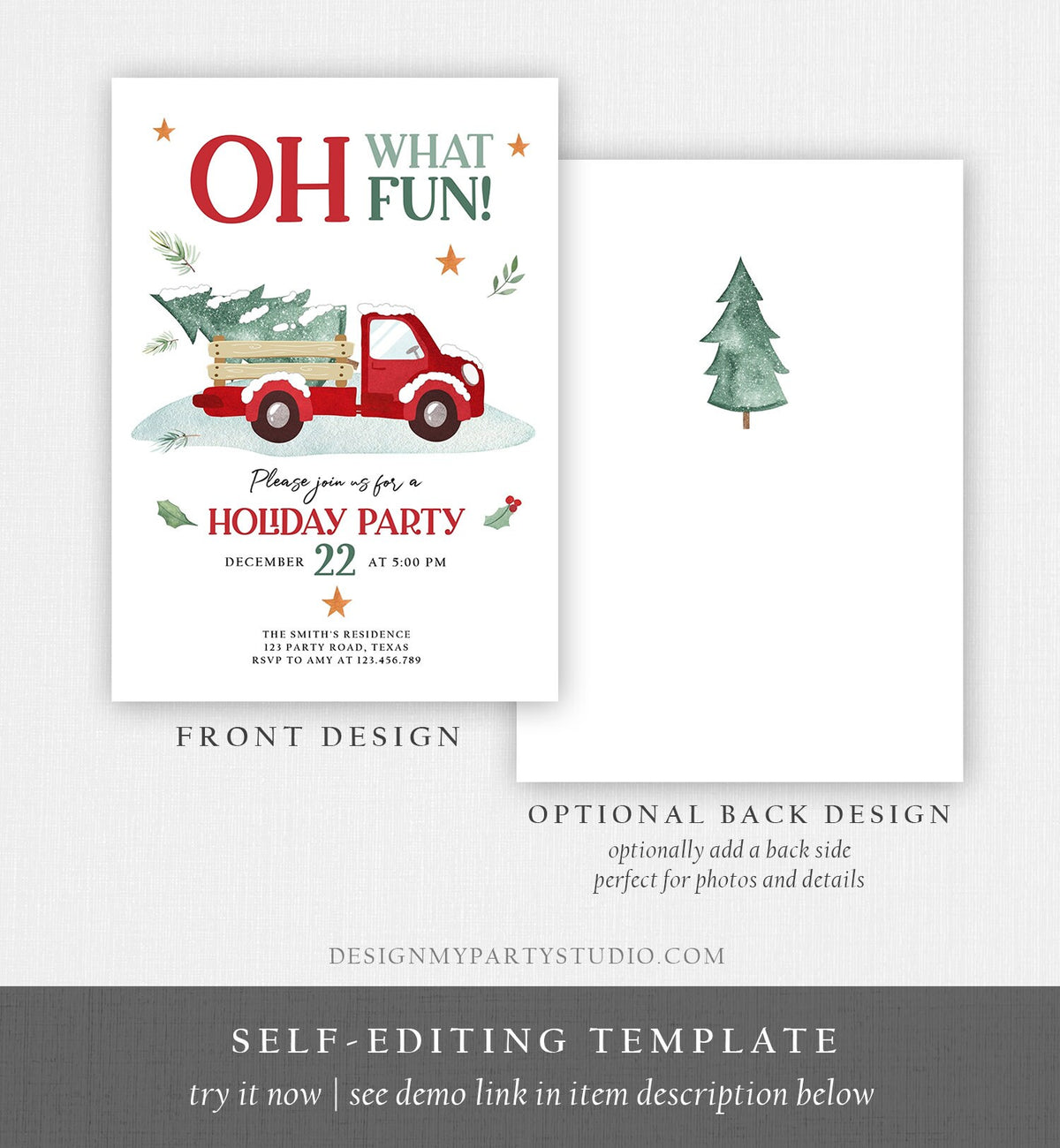 Editable Oh What Fun! Holiday Party Christmas Party Invitation Red Truck Tree Winter Birthday Rustic Personalized Printable Template Corjl