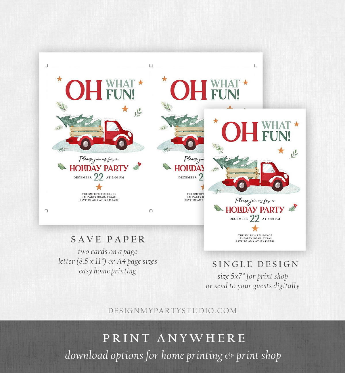 Editable Oh What Fun! Holiday Party Christmas Party Invitation Red Truck Tree Winter Birthday Rustic Personalized Printable Template Corjl
