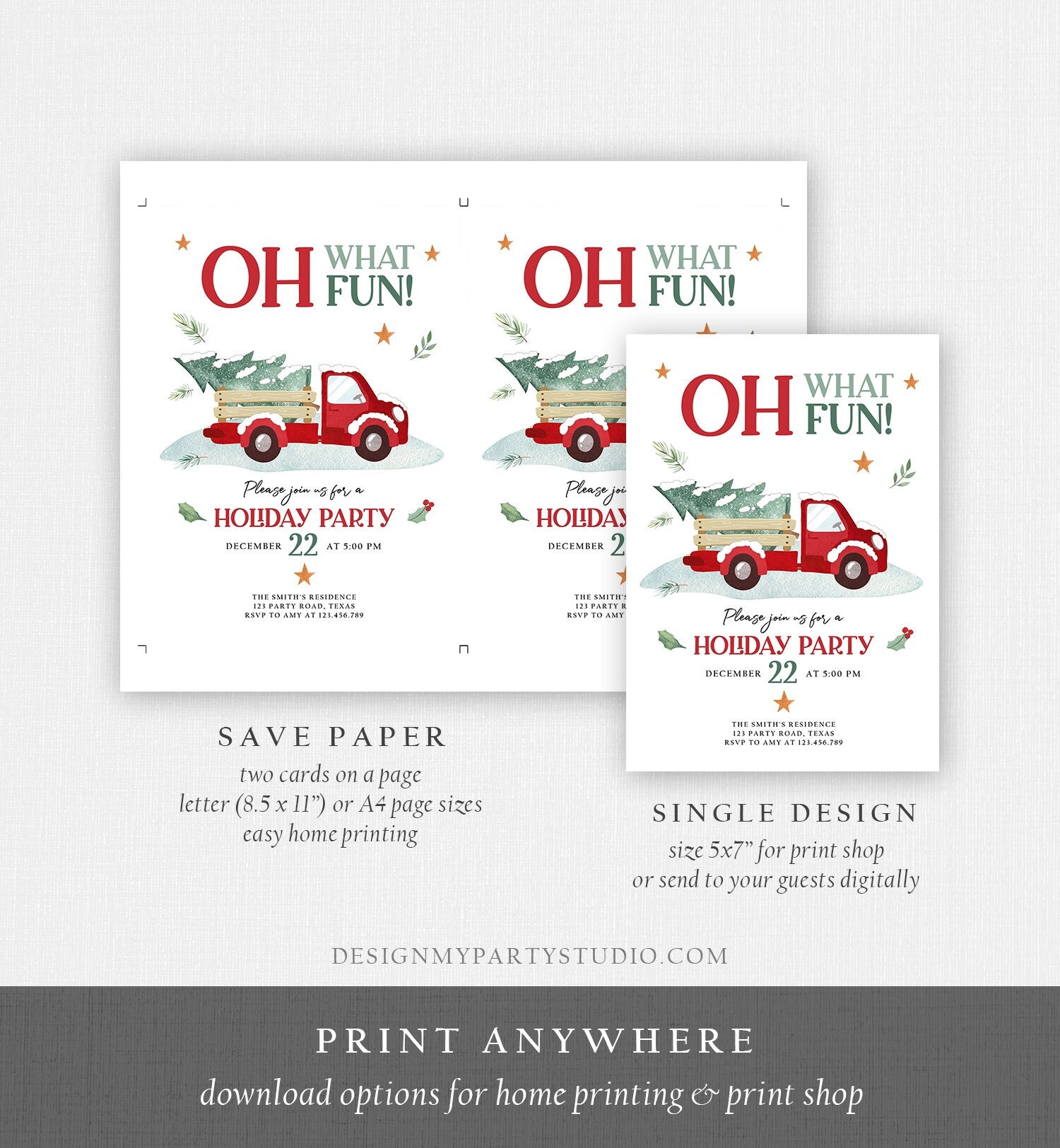 Editable Oh What Fun! Holiday Party Christmas Party Invitation Red Truck Tree Winter Birthday Rustic Personalized Printable Template Corjl