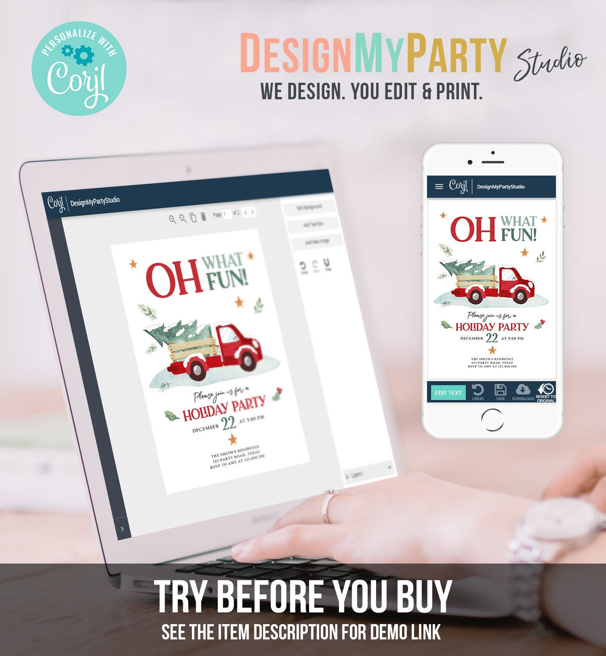 Editable Oh What Fun! Holiday Party Christmas Party Invitation Red Truck Tree Winter Birthday Rustic Personalized Printable Template Corjl