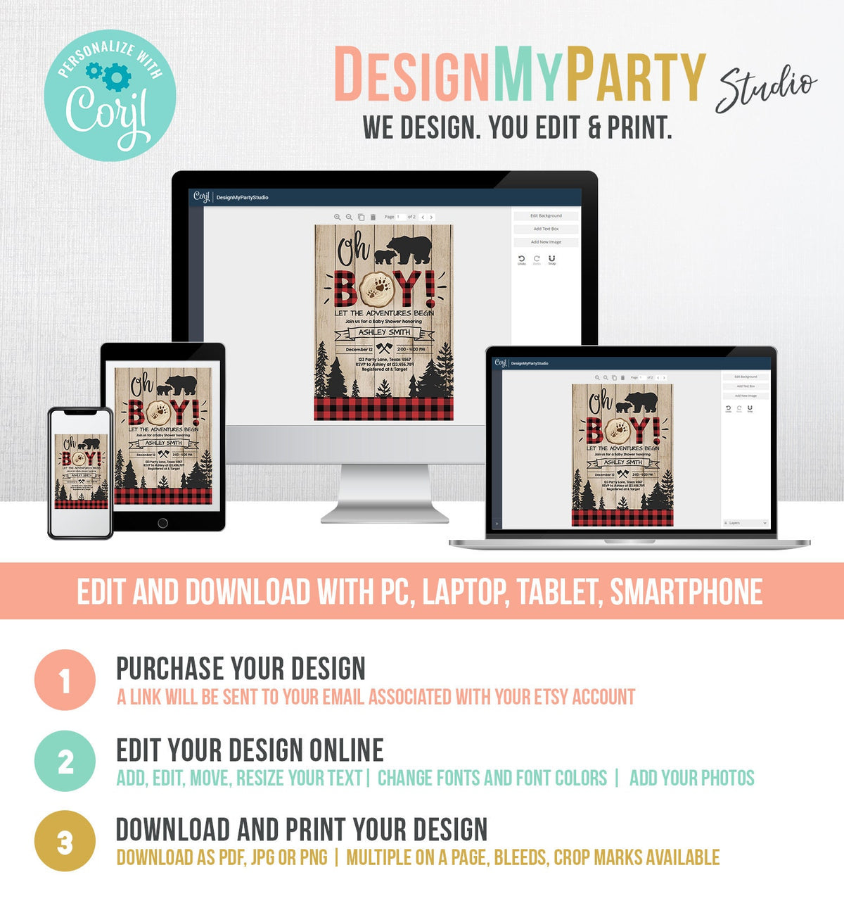 Editable Lumberjack Baby Shower Invitation Baby Boy Buffalo Plaid Rustic Bear Cub Instant Download Printable Template Digital Corjl 0191