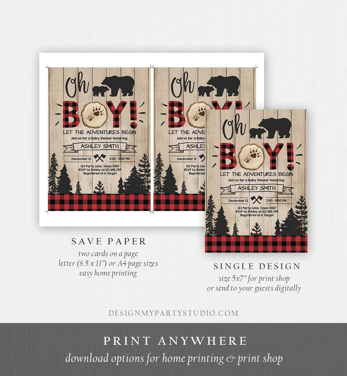 Editable Lumberjack Baby Shower Invitation Baby Boy Buffalo Plaid Rustic Bear Cub Instant Download Printable Template Digital Corjl 0191