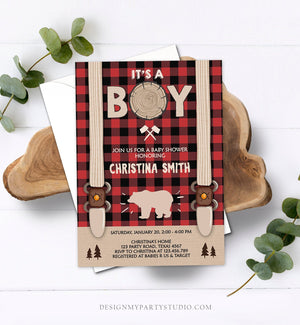 Editable Lumberjack Baby Shower Invitation Baby Boy Buffalo Plaid Rustic Bear Cub It's a Boy Couples Download Printable Template Corjl 0026