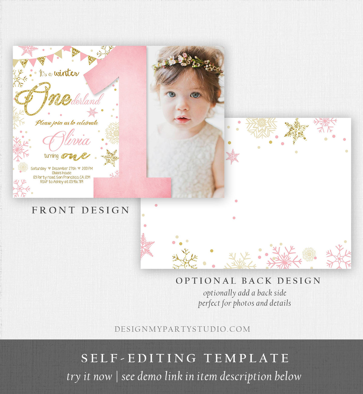 Editable Winter ONEderland Birthday Invitation First Birthday Snowflake Girl Pink and Gold Download Printable Invitation Template Corjl 0034