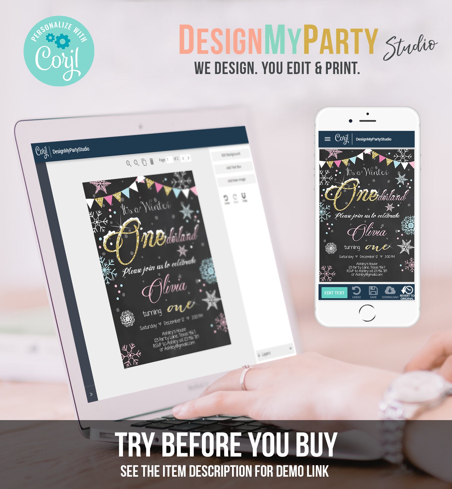 Editable Winter ONEderland Birthday Invitation First Birthday Snowflake Girl Pink Gold Download Printable Invitation Template Corjl 0034