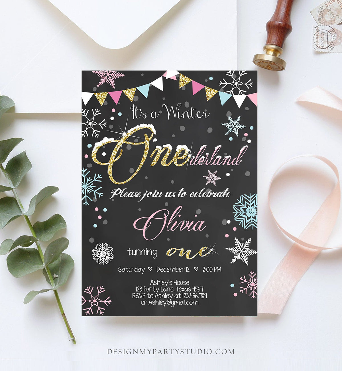 Editable Winter ONEderland Birthday Invitation First Birthday Snowflake Girl Pink Gold Download Printable Invitation Template Corjl 0034