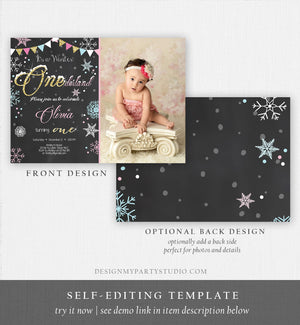 Editable Winter ONEderland Birthday Invitation First Birthday Snowflake Girl Pink Gold Download Printable Invitation Template Corjl 0034