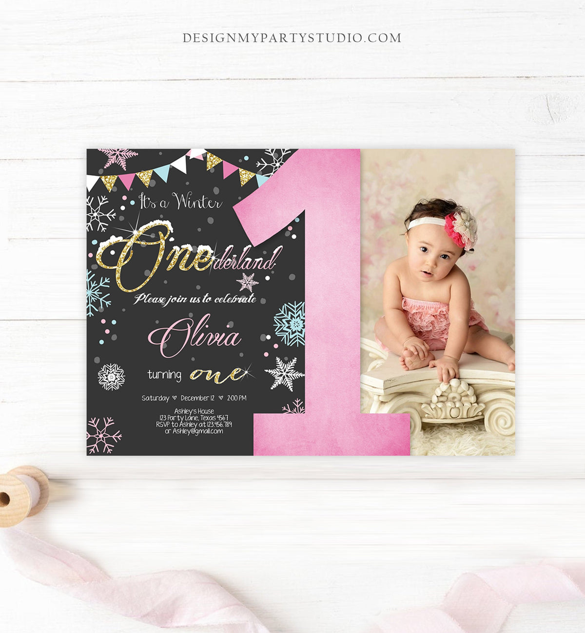 Editable Winter ONEderland Birthday Invitation First Birthday Snowflake Girl Pink Gold Download Printable Invitation Template Corjl 0034