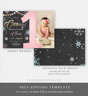 Editable Winter ONEderland Birthday Invitation First Birthday Snowflake Girl Pink Gold Download Printable Invitation Template Corjl 0034